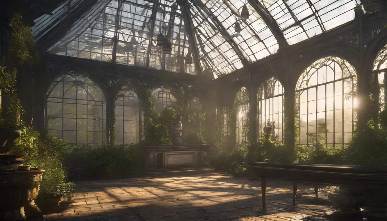 masterpiece, greenhouse, Fantasy, beautiful gardens, Palace gardens, Bright sunlight, Belle Époque, Pixar, Cinematic lighting, Back lighting, 4k, UHD, Best Quality