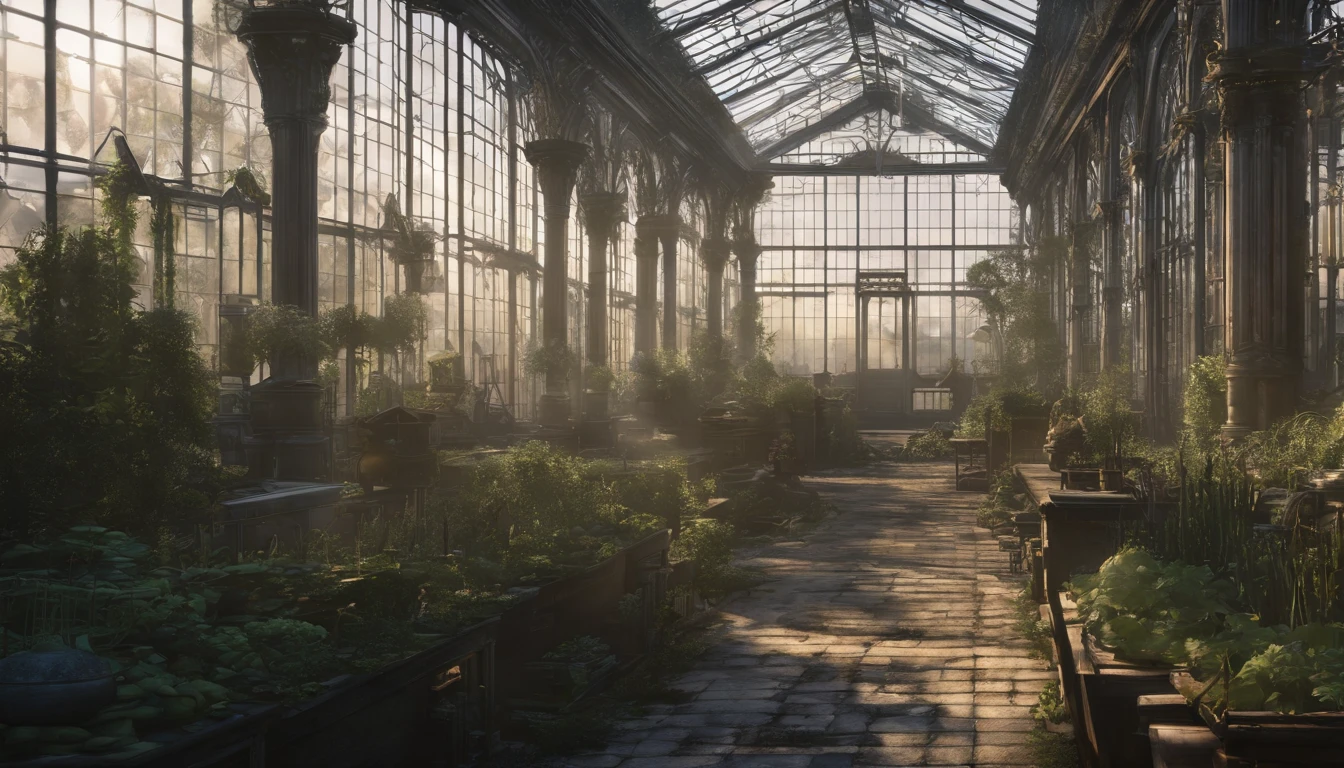 masterpiece, greenhouse, Fantasy, beautiful gardens, Palace gardens, Bright sunlight, Belle Époque, Pixar, Cinematic lighting, Back lighting, 4k, UHD, Best Quality