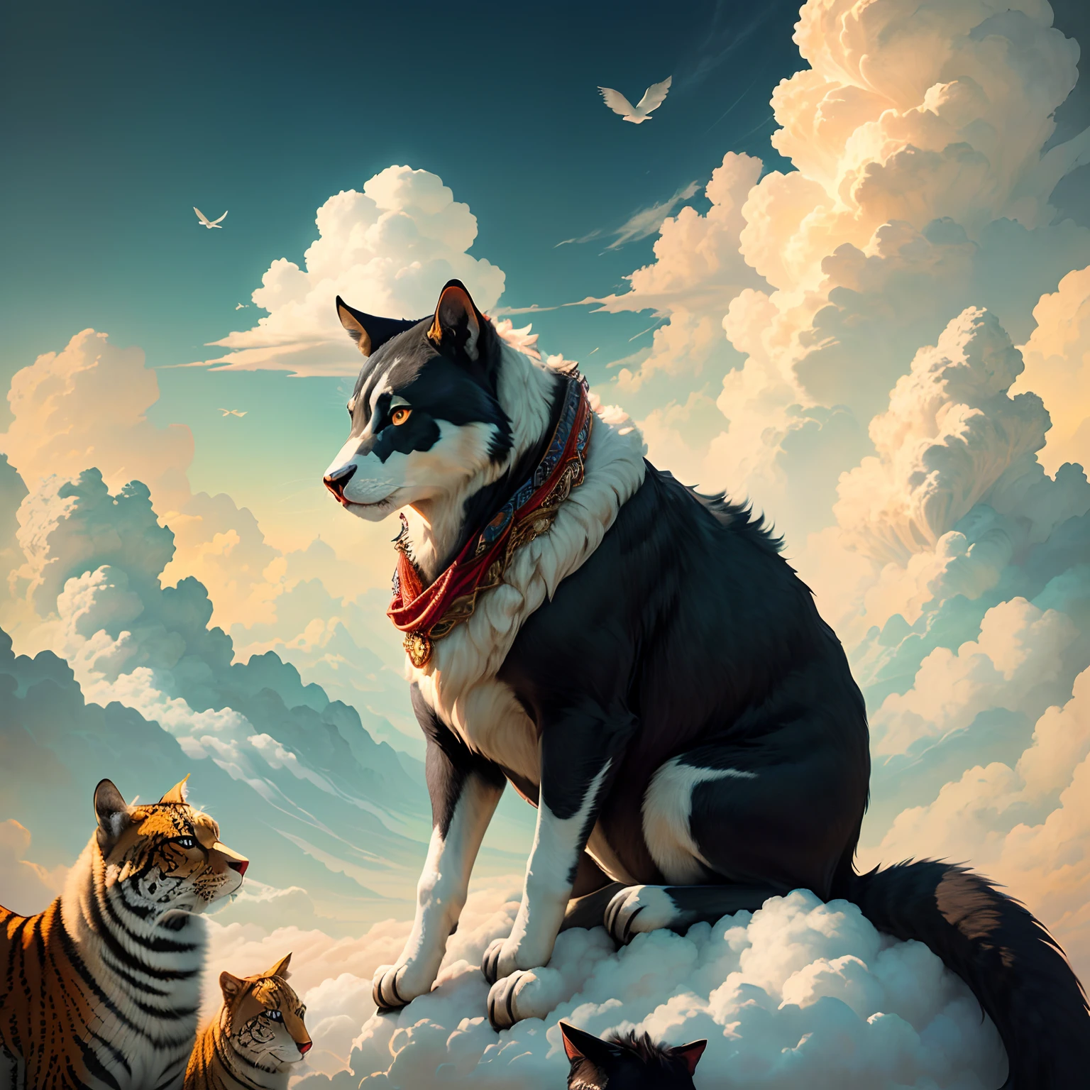 man in the clouds surrounded by many animals