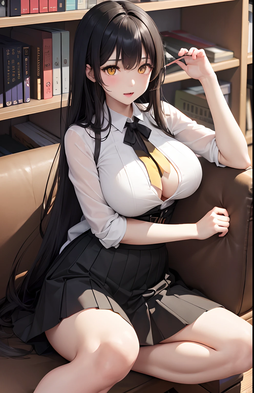 masterpiece, top-quality, 1girl in, A dark-haired, yellow eyes, length hair, Fluffy skirt、Raw feet、atlibrary、big breast beauty