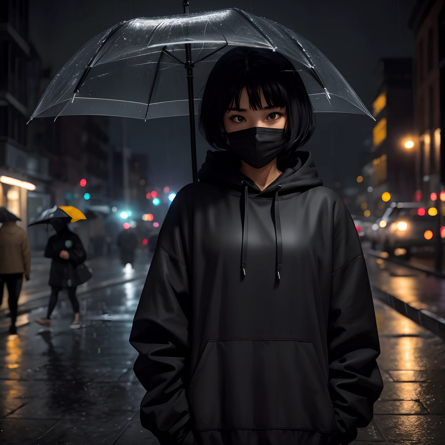 girl with full face mask, black hoodie, standing in the rain, short black hair, night time, street lights, looking away
