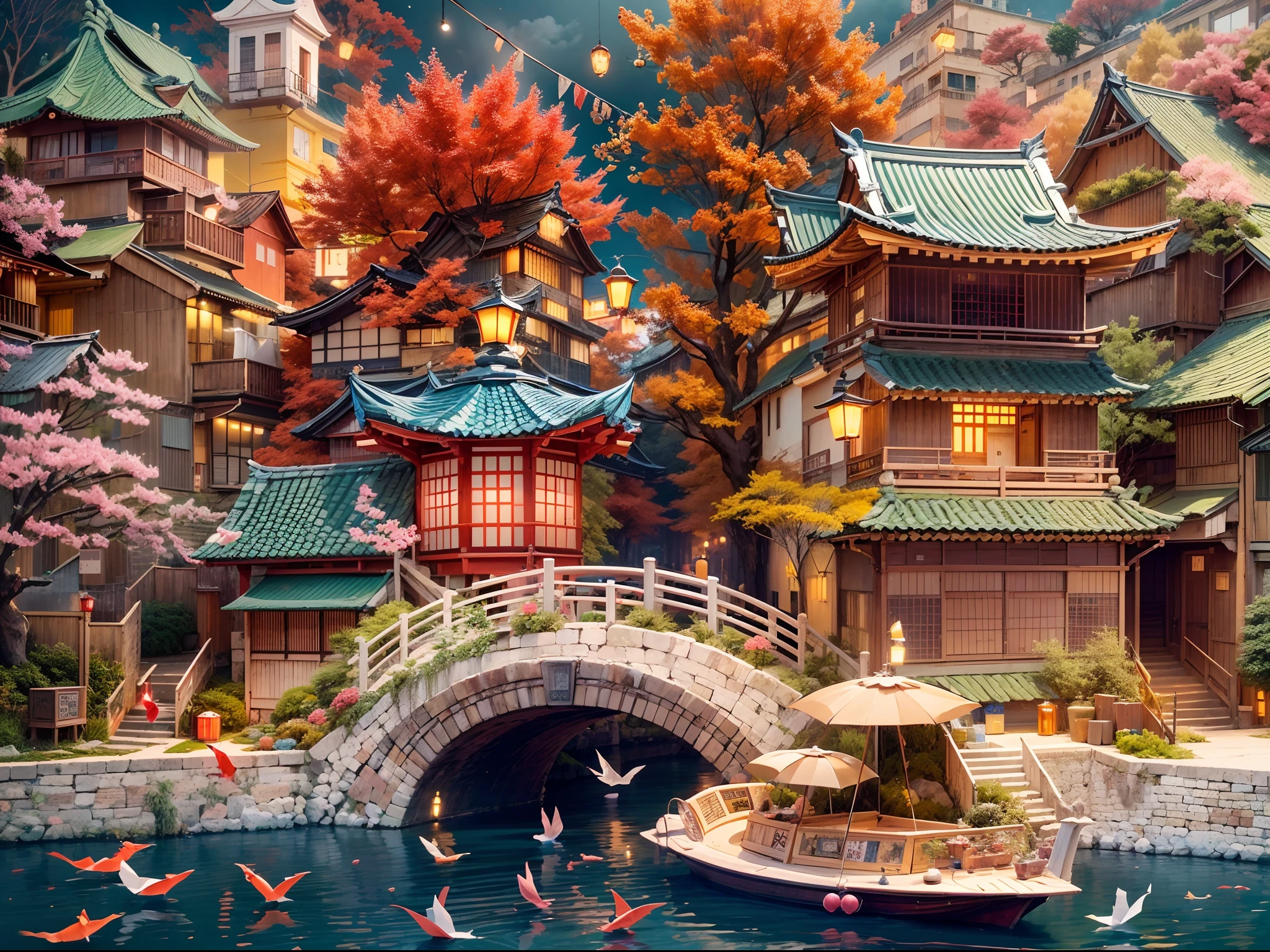 (best quality,4k,8k,highres,masterpiece:1.2),ultra-detailed,realistic,photorealistic:1.37,japanese-style city made of paper,origami,paper art,paper artwork,vivid colors,crispy details,paper structures,folding paper buildings,shimmering paper lanterns,meticulous paper craftsmanship,traditional Japanese architecture,geometric paper patterns,exquisite paper textures,ornate paper sculptures,elaborate paper gardens,serene paper cherry blossom trees,colorful paper koi fish,delicate paper cranes,floating paper boats in a small canal,soft natural lighting,subtle shadows,bright and vibrant color palette,intense hues of red, blue, and gold,paper textures adding depth and dimension to the city scene,evening scene with paper lanterns illuminating the streets,a sense of tranquility and peacefulness permeating the paper city.