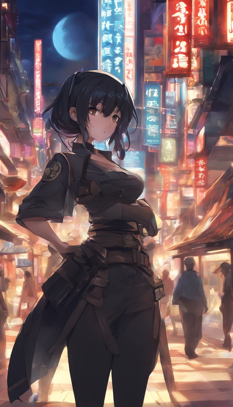 (Backlighting,Navel:1.1,Black hair),Beautiful woman in uniform in the bustling streets of Gintama, Surrounded by vendors, Beautiful portrait of a stunning goddess girl, beautifull detailed face, Porcelain Skin, Half body shot, Centered,((Moonlight,Night,Big neon,Strong neon lighting,Rim lighting,two tone lighting))),