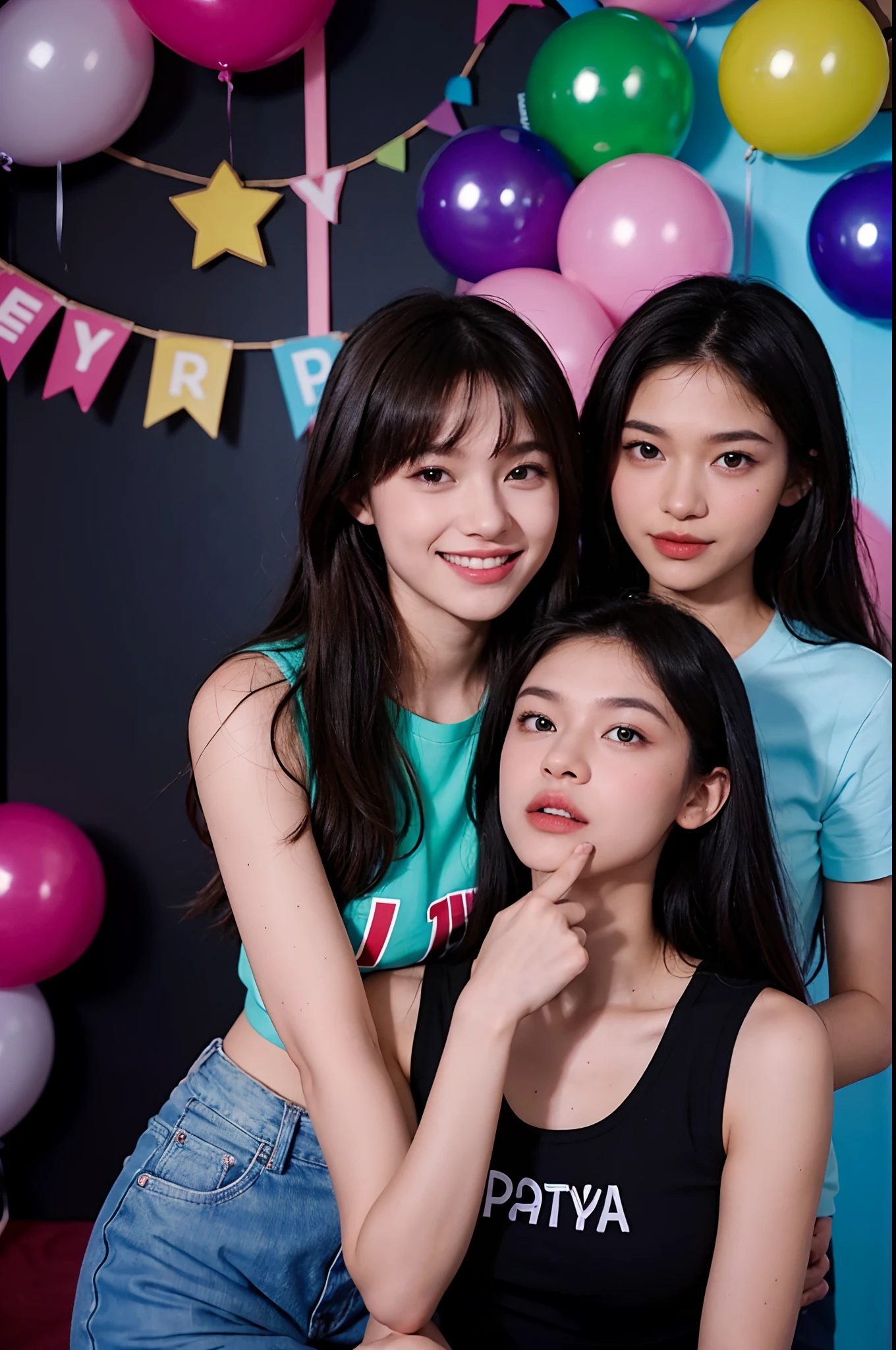 two women are posing for a picture with a number 9 balloon, photo booth, promo art, album art, aurora aksnes and zendaya, birthday party, portrait photo of a backdrop, official artwork, promotional images, at a birthday party, low quality instant camera photo, 1 9 years old, promotional photography, backdrop, background image, ad image, alexa 65