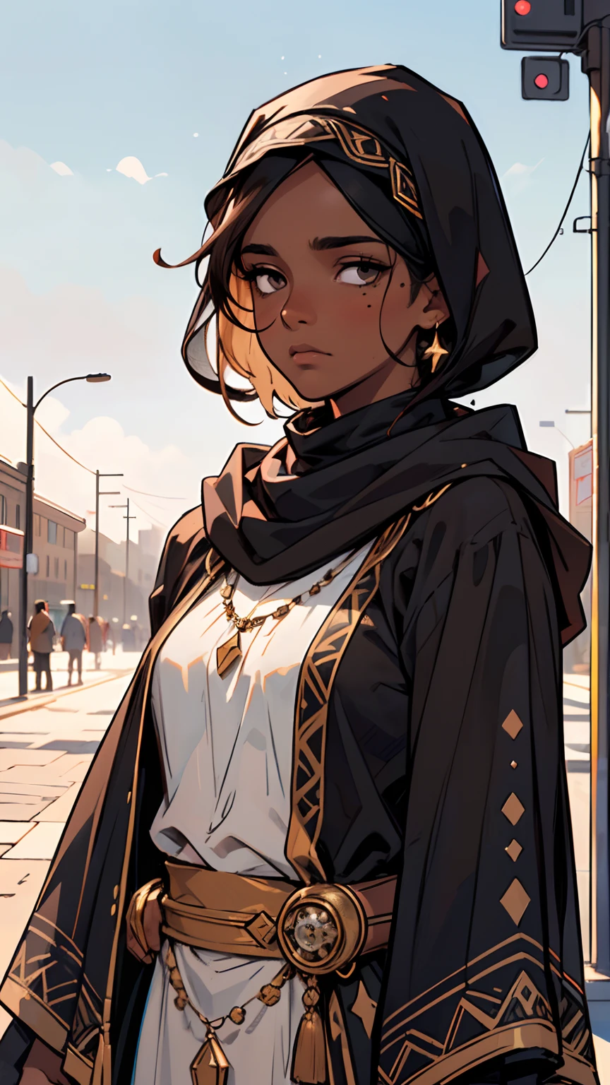 1 girl, (dark brown skin tone:1.4), very short hair, black eyes colour, mole down the right eye, Muslim black cloak, hijab covering hair, Cold expression, depressed, dominant aura, (high quality, masterpiece, extremely detailed:1.2), (Realistic, photorealistic:1.2)