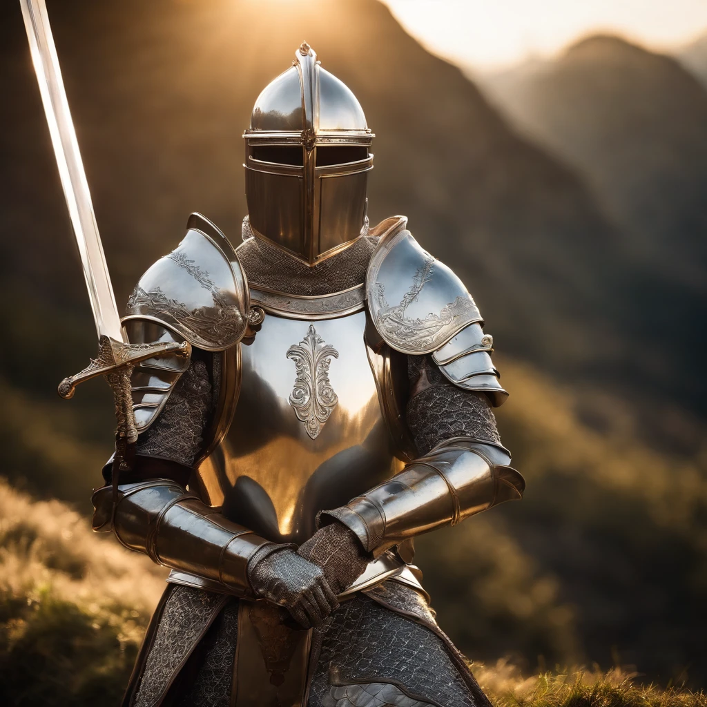 "A royal knight with a majestic aura, Dressed in shiny silver armor, Wield a European-style sword,Sunlight illuminates the scene.