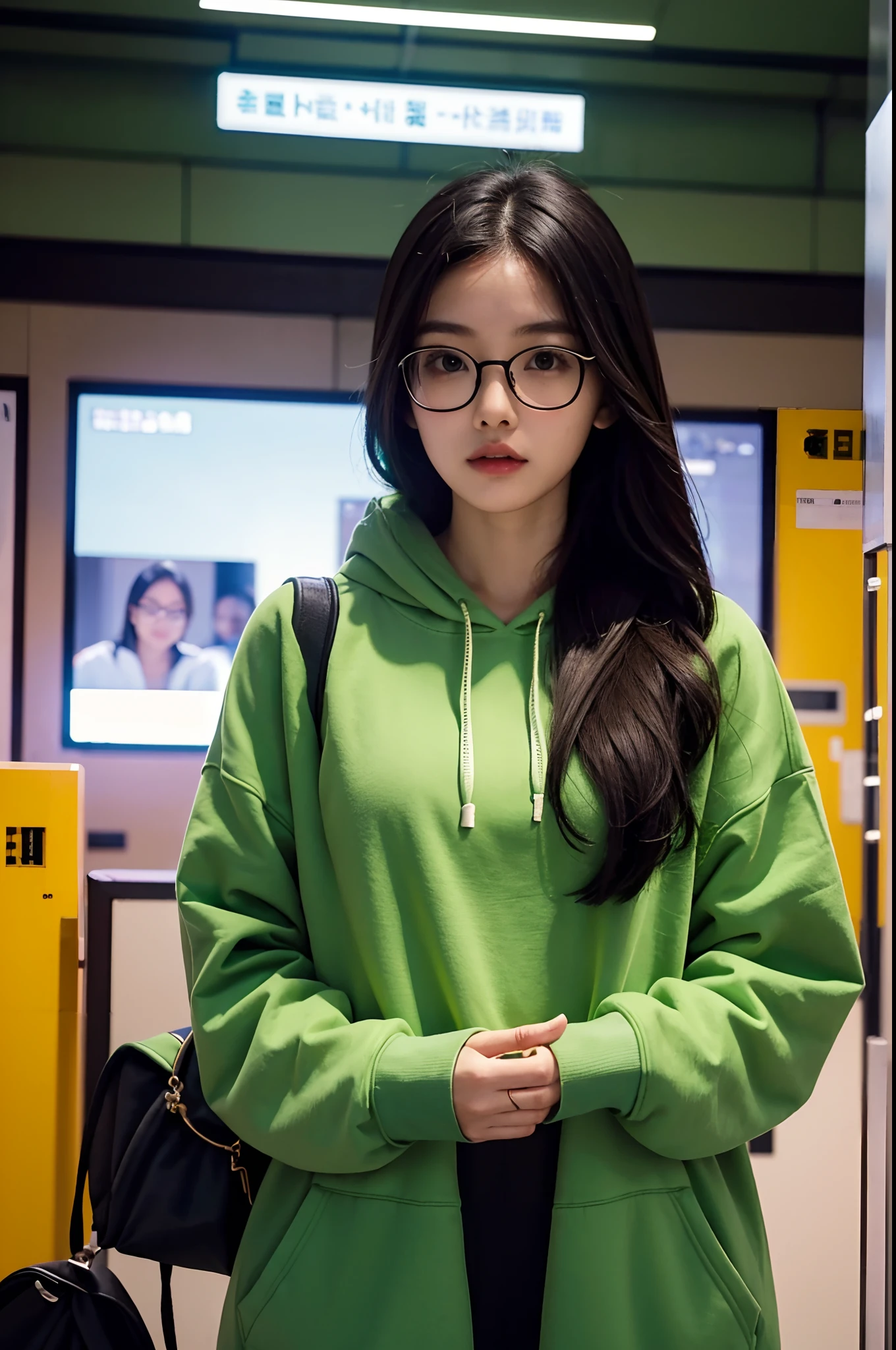 there is a woman in a green hoodie standing in a terminal, a young asian woman, girl wearing round glasses, girl wearing hoodie, young asian girl, black haired girl wearing hoodie, wearing small round glasses, wearing thin large round glasses, young asian woman, photo of young woman, wearing a yellow hoodie, girl with glasses, korean girl, portrait of a japanese