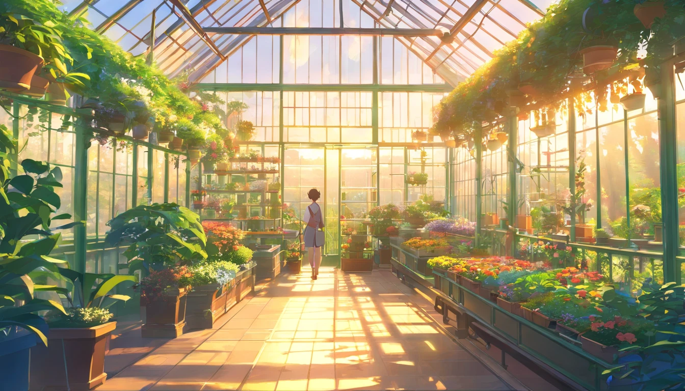 ​masterpiece, greenhouse, Fantasy, beautiful gardens, Palace gardens, Bright sunlight, Belle Époque, Pixar, Cinematic lighting, Back lighting, 4k, UHD, Best Quality