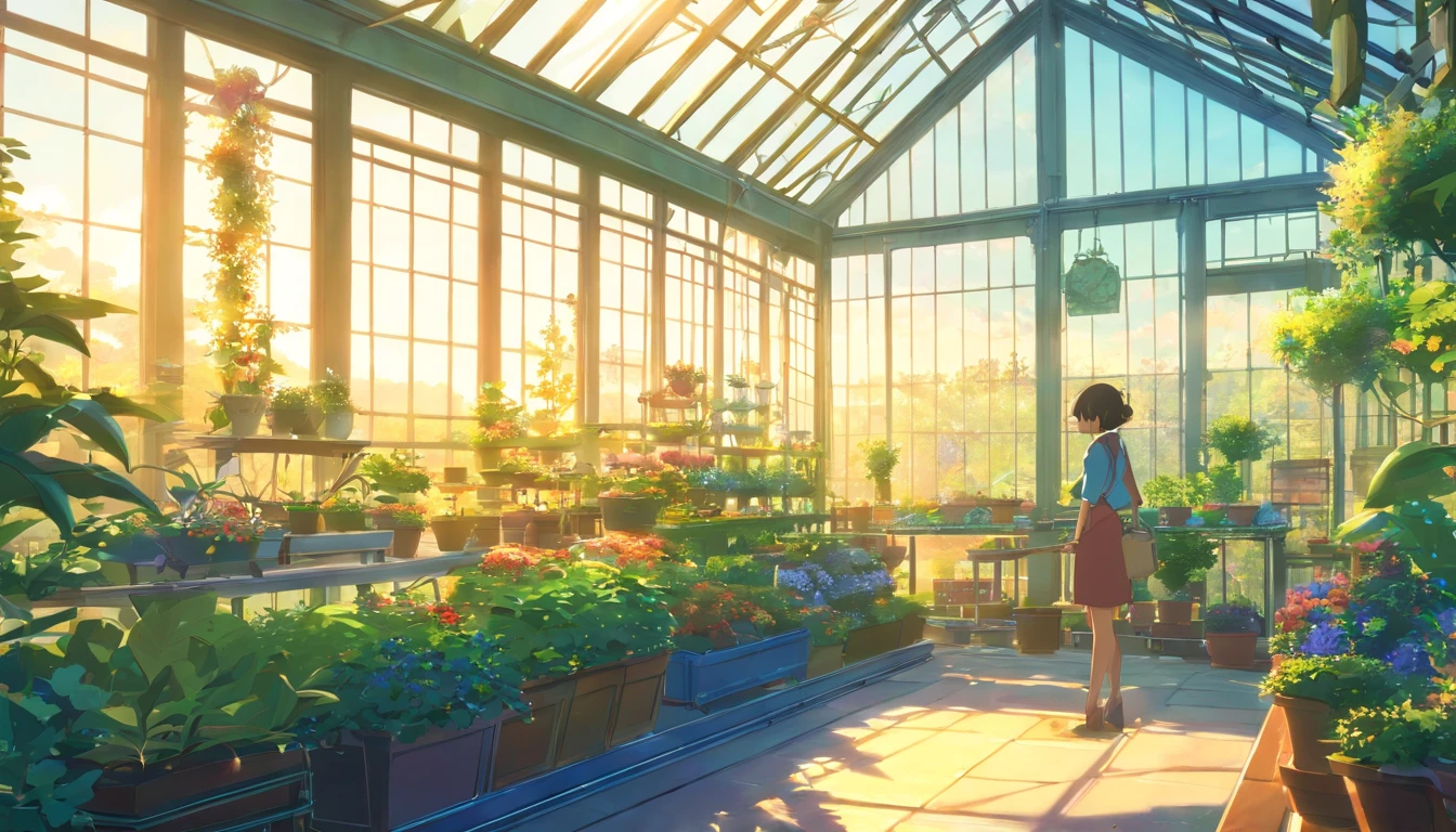 masterpiece, greenhouse, Fantasy, beautiful gardens, Palace gardens, Bright sunlight, Belle Époque, Pixar, Cinematic lighting, Back lighting, 4k, UHD, Best Quality