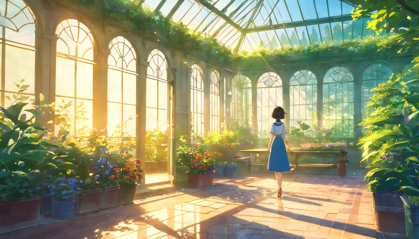 ​masterpiece, greenhouse, Fantasy, beautiful gardens, Palace gardens, Bright sunlight, Belle Époque, Pixar, Cinematic lighting, Back lighting, 4k, UHD, Best Quality