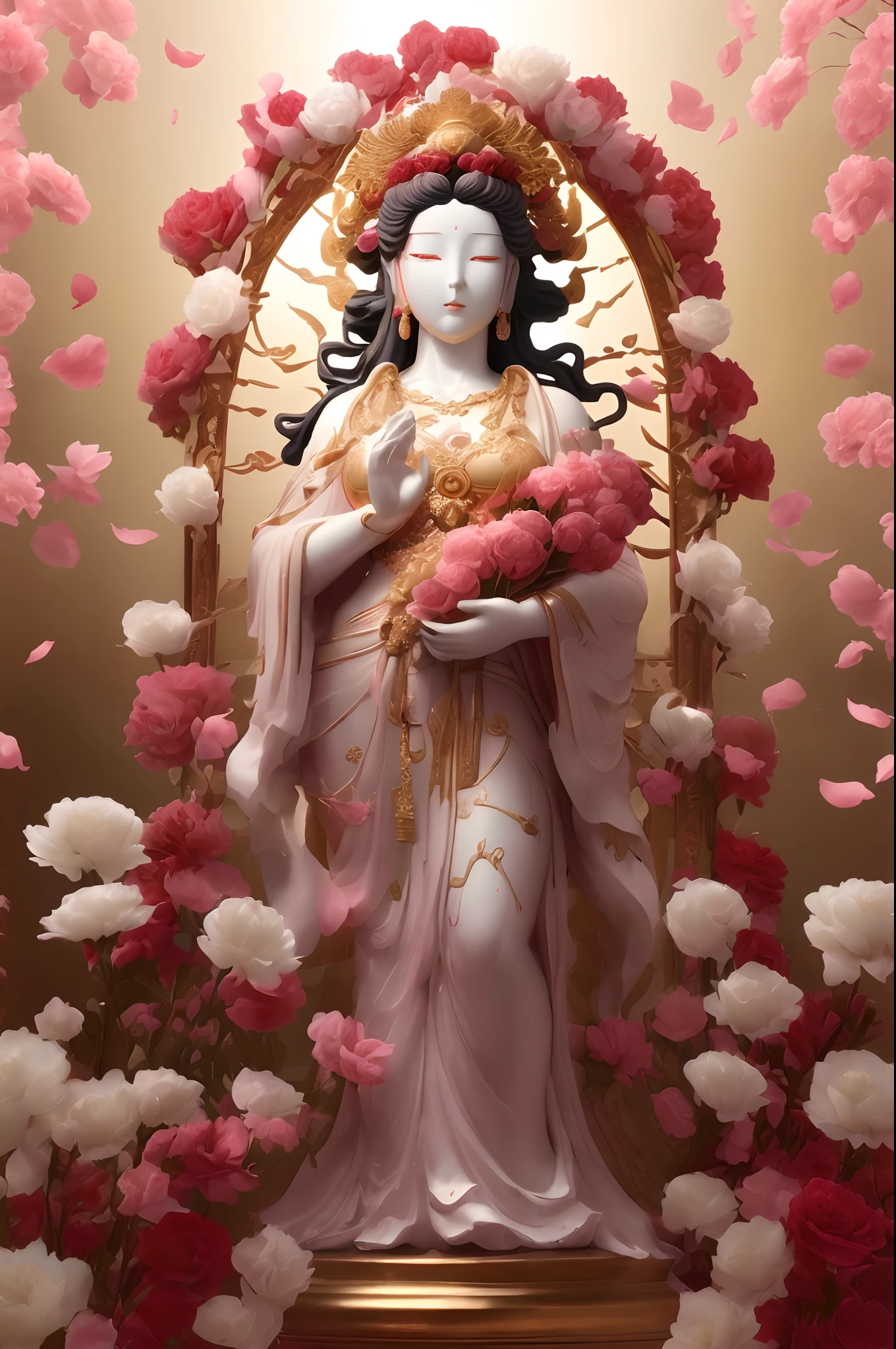 Translation: "A pink Kannon (Goddess of Mercy), realistic, with a background filled with many white carnations and red roses, looking divine, the background shines in gold, only the upper half, 8k image."Prompt: "Visualize an 8k image showcasing the upper half of a realistic pink Kannon (Goddess of Mercy) statue. This divine figure stands against a golden shimmering background, which is beautifully adorned with numerous white carnations and red roses."