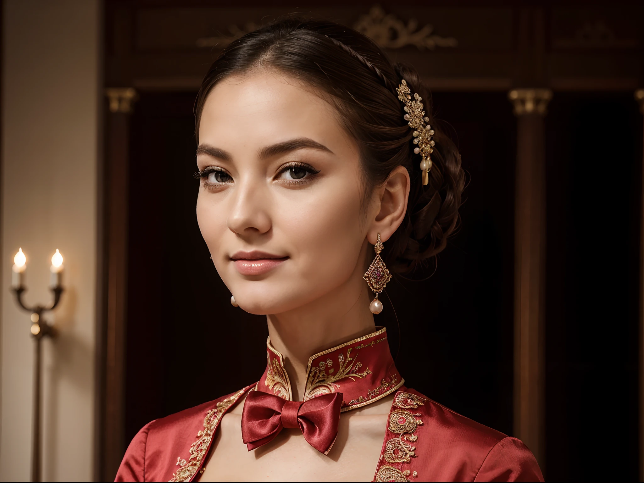 best quality, Meisterwerk, high resolution, 1girls, altes chinesisches rosa Kleid, Beautiful face, Alte chinesische Kleidung, Bowknot ohne das Originalbild, elegant, nobel, Krone, Thin leg, Fee, Haarschmuck, nur, Blick auf den Betrachter, Smileing, Halt den Mund, Lippen, Kleid, Haarschmuck, Halskette, Schmuck, Lange Haare, Ohrringe, Architektur, Ostasiatische Architektur
