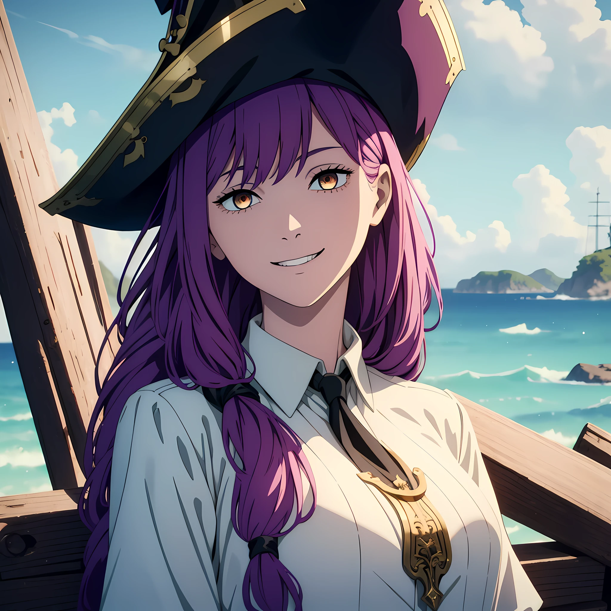 1girl, pirate girl, gorgeous hair in long purple, smile, sea, noble clothes, white dress, looking at somewhere, ((masterpiece)), ((best quality)), ((high detailed illustration)), ((high detailed background)), ((hi-res)), ((4k resolution))