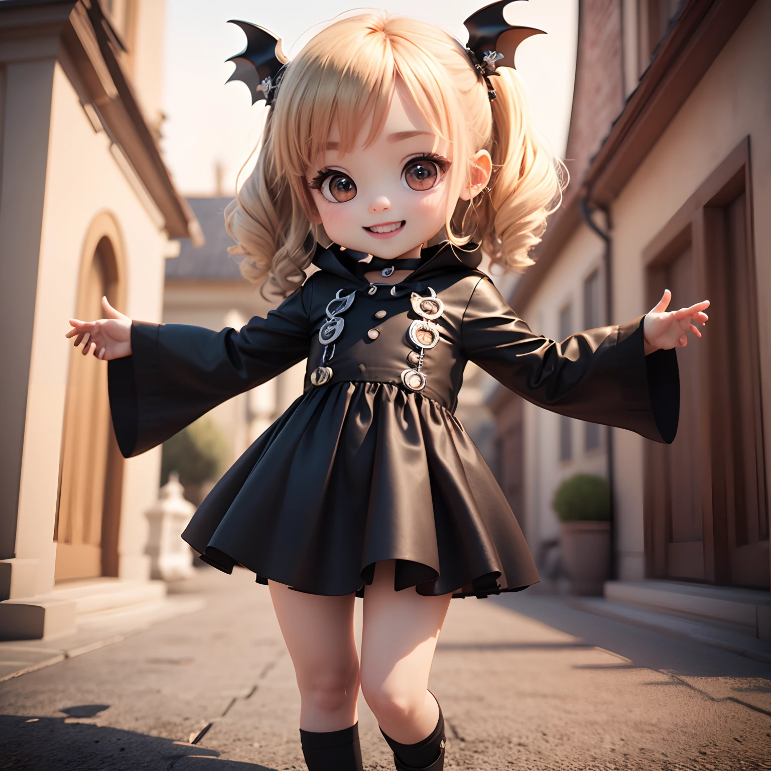 Cute Baby Chibi Anime、(((Chibi 3D))) (Best Quality), (masutepiece)、Little bat-like chibi、Blonde Half Up Hair、Open your mouth and smile、a small face、petite body、Black Jewelry Decoration Costume、outside of house、Big Full Moon、Foreign Cemetery、