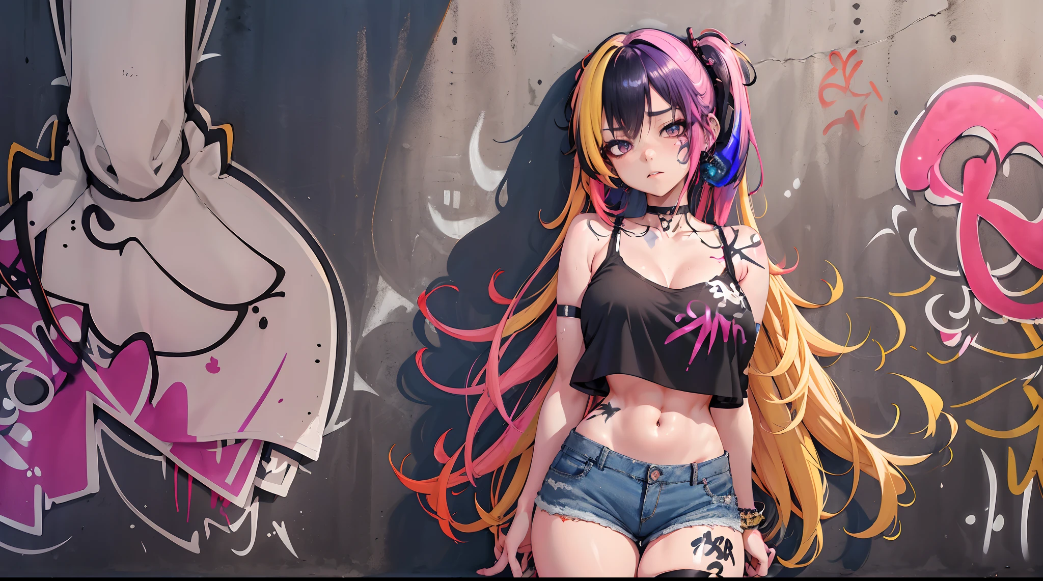 Kuki Shinobu Genshin Effect, masterpiece, bestquality, 1girls, bara, crop top, shorts jeans, choker, (Graffiti:1.5), color splashes, arm behind back, against wall, looking at the audience, bracelet, Thigh strap, Paint on the body................................, Head tilt, bored, multicolored hair, water eyes, headset,