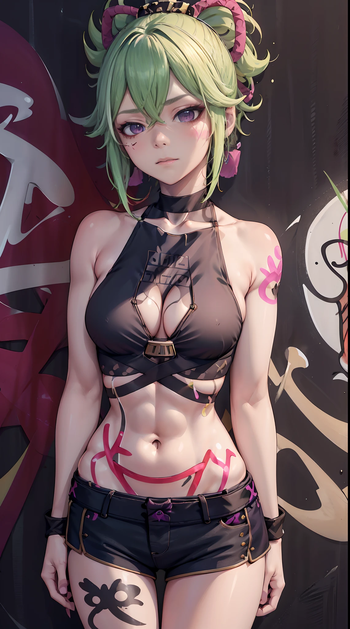 Kuki Shinobu Genshin Effect, masterpiece, bestquality, 1girls, bara, crop top, shorts jeans, choker, (Graffiti:1.5), color splashes, arm behind back, against wall, looking at the audience, bracelet, Thigh strap, Paint on the body................................, Head tilt, bored, multicolored hair, water eyes, headset,