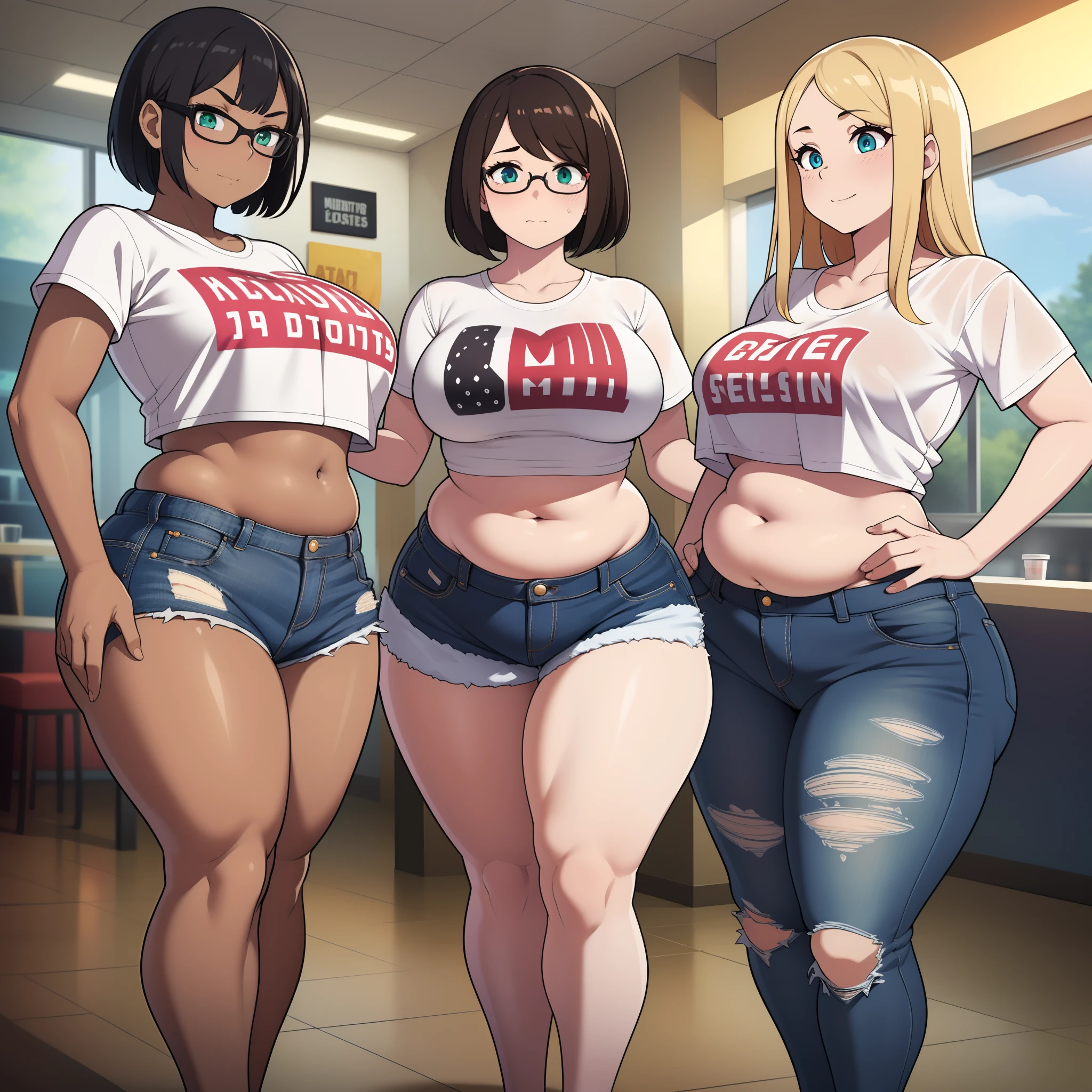 ((highres)), Masterpiece, high quality, best quality, beautiful, perfect lighting, detailed face, ultra cute face, ((3girls)), one girl has blonde hair, blue eyes, crop top and shorts skindentation, one girl has brown hair, green eyes, jeans, white shirt, tight clothes, one girl has, Short black hair, brown eyes, crop top and shorts full body, fast food restaurant, medium breasts, ((wide hips)), (thick thighs), ((chubby)), pudgy belly, fat folds, standing, belly grab,