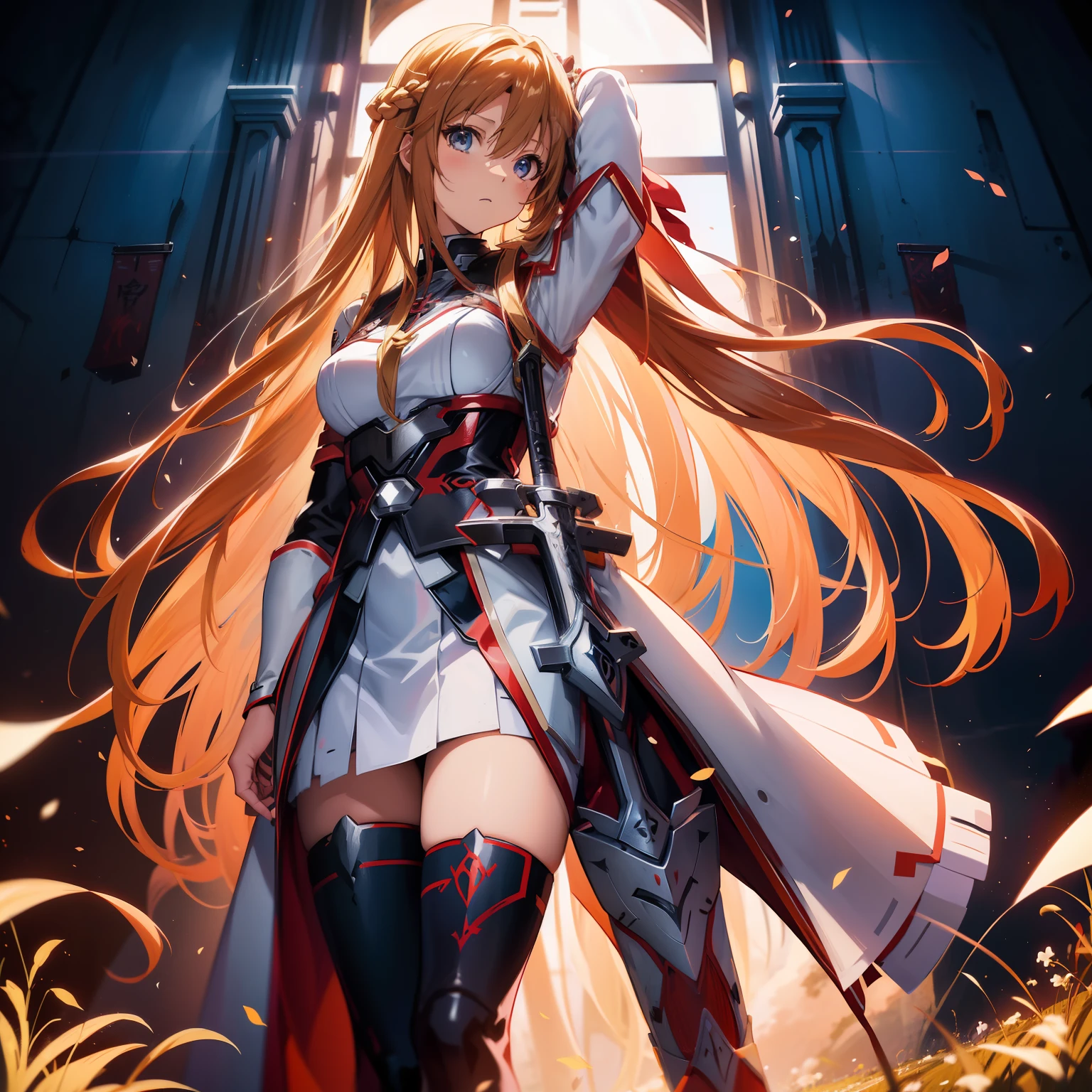 anime girl with long hair and sword in field with sky background, asuna yuuki, asuna from sao, epic light novel art cover, detailed key anime art, anime goddess, portrait of a female anime hero, detailed digital anime art, high detailed official artwork, blonde anime girl with long hair, photo of asuna from sao, anime girl with long hair