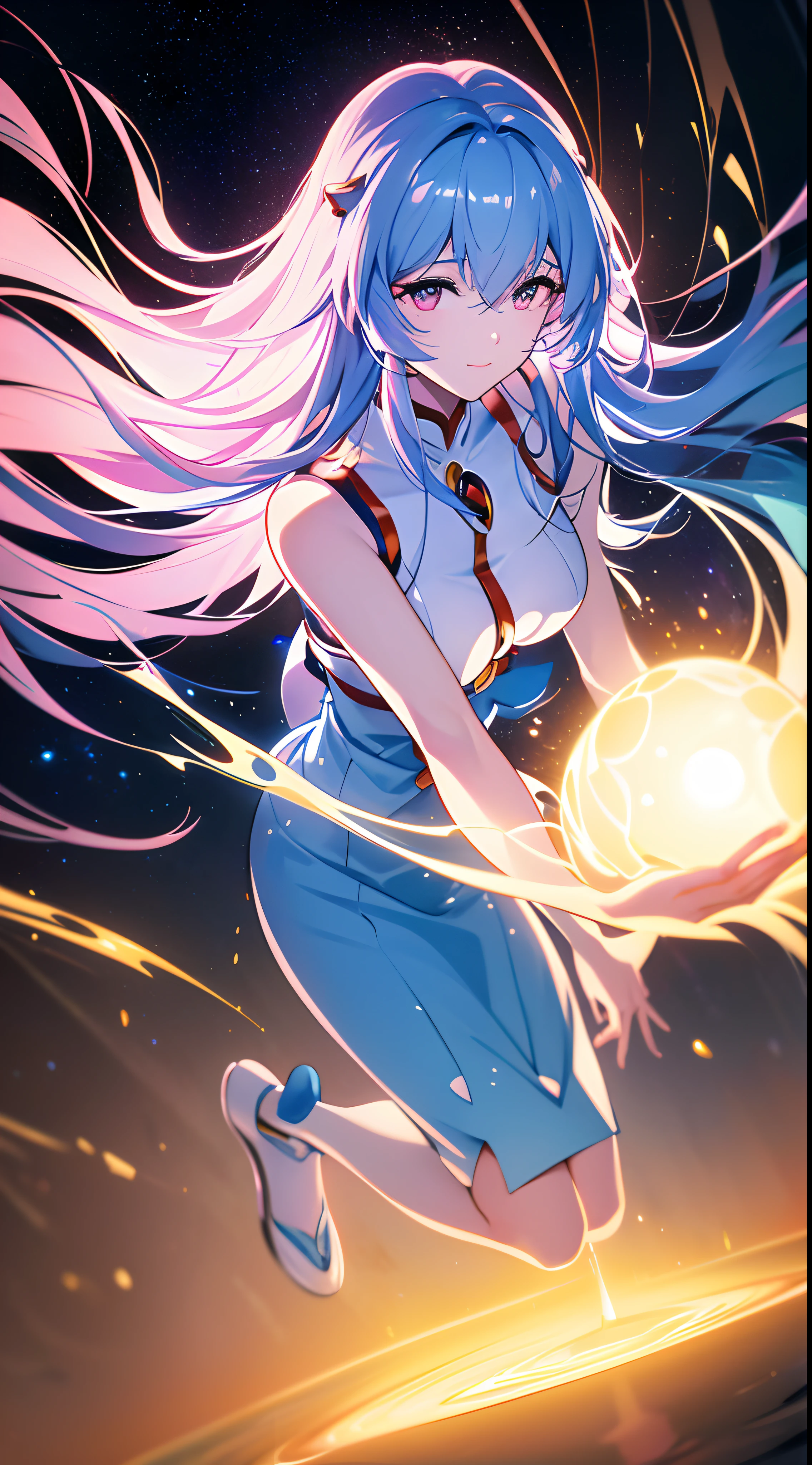 (((ayanami rei:))),1girl,solo,(masterpiece,best quality, official art,aim to viewers, beautiful and aesthetic:1.3),((ultra high res,golden ratio,)) (4k,8k,16k),((from above)),((((seen from above, space, floating,))))dynamic lighting, natural lighting,(photon mapping, radiosity, physically-based rendering,automatic white balance), technological sense,Amazing,sharp focus,rich background, (((high detailed skin,)))dynamic lighting,intricate detailed outfit,glowing eyes,watery eyes,((extremely long hair,))smile, skiny, short skirt,button shirt,(masterpiece sidelighting),(bishoujo,lustrous),(sky blue hair,pink eyes,）[[delicate fingers and hands:0.55]::0.85],(detail fingers),(((Ultra Photographic Quality,ultra wide angles)))),((incredibly absurdres)),full body shot,((extremely_detailed_eyes_and_face)),(disheveled hair),FilmGirl,(dynamic configuration: 1.1),dreamy,Brilliant,drifting through a Nebula,stylish pose,long exposure, motion blur, fluid movement, ethereal atmosphere, dreamy trails, dynamic energy, time-lapse effect , enamel art, glass-like surface, vibrant colors, glossy finish, reflective textures, rich pigments, fluid forms,mesmerizing shapes, dreamy imagery,geisha,unity 8k wallpaper, neon lighting, (vibrant glow):1.2, dynamic colors, striking contrast,reflective surfaces