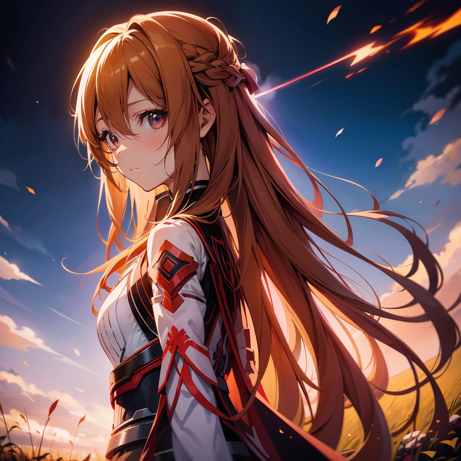anime girl with long hair and sword in field with sky background, asuna yuuki, asuna from sao, epic light novel art cover, detailed key anime art, anime goddess, portrait of a female anime hero, detailed digital anime art, high detailed official artwork, blonde anime girl with long hair, photo of asuna from sao, anime girl with long hair