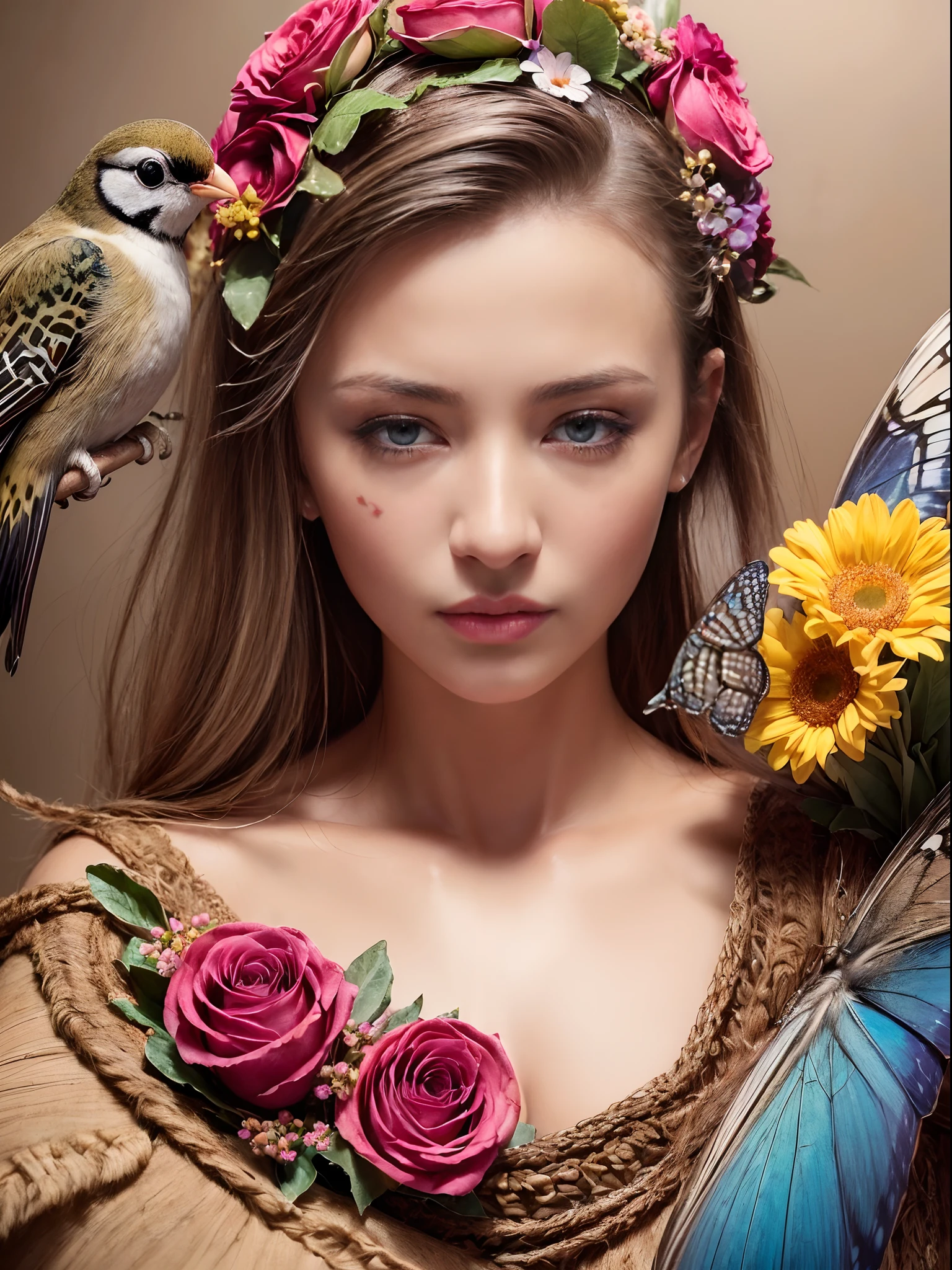 ((((extreme realistic skin detail)))(masterpiece, top quality, best quality, official art, beautiful and aesthetic:1.2), a vitamin bouquet, with flowers butterflies, hearts, love and colorful birds