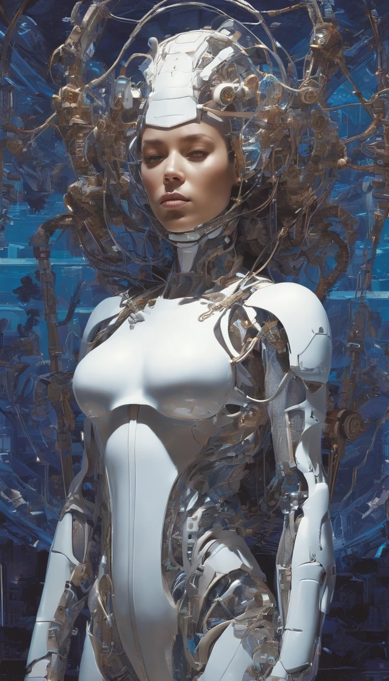 Imagination,a girl,solo,Afrofuturism Streamlined exoskeleton scales and claws,Biopunk,Variety,Laurie Greasley's illustration depicting intricate mechanical body,elaborate portrait of Billie Eilish as Ghost in The Shell character by Laurey Greasley and Takeshi Obata,innerspection of everwrapping neutrofields of digiworld,masked person,angelic apparition cyborg with cable and Electronic cable tentacles,infinite mirror glitch by Larry Carlson in Glitch,
