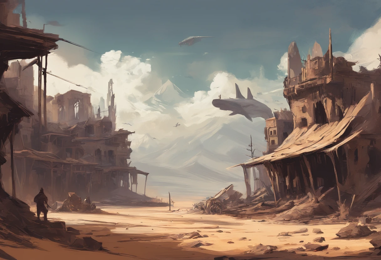 Apocalyptic war, Shades of white, Nero, A desert, Survivor, , Shadowing, dreary atmosphere, darkly, ((natta)), banners, Book cover，Wasteland，Western style，Wasteland construction，cowboys，Western Town，motor cycle，a revolver，Castle Wall,(Whales flying in the sky)