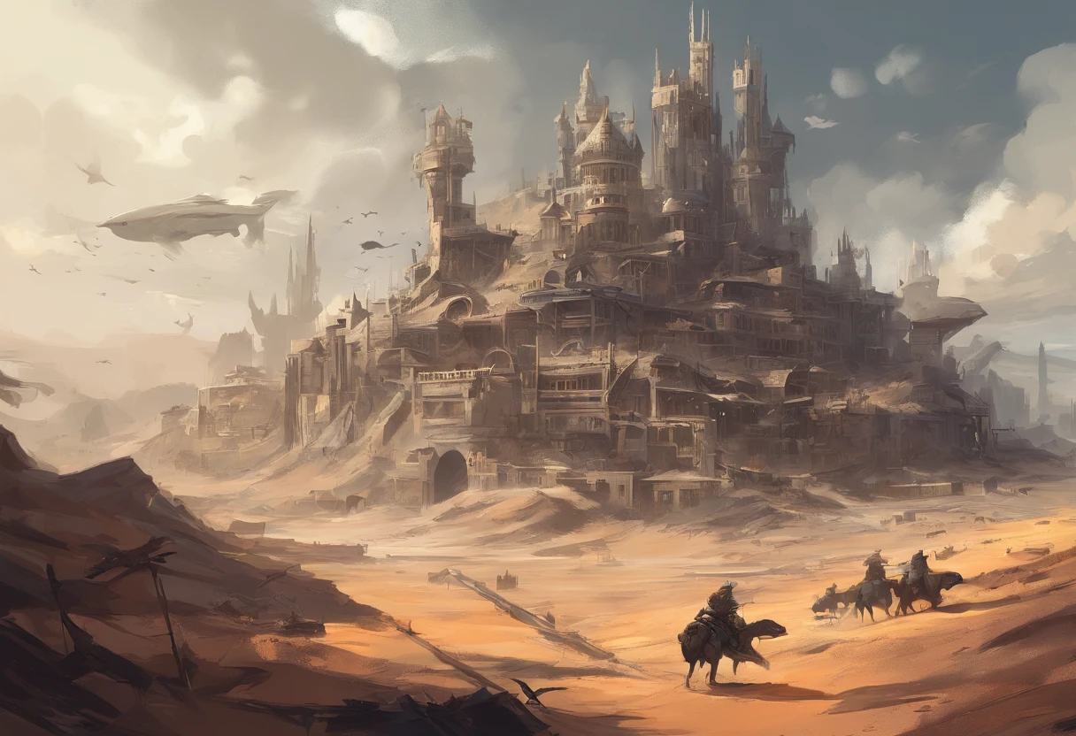 Apocalyptic war, Shades of white, Nero, A desert, Survivor, , Shadowing, dreary atmosphere, darkly, ((natta)), banners, Book cover,Wasteland,Western style,Wasteland construction,cowboys,Western Town,motor cycle,a revolver,Castle Wall,(Whales flying in the sky)