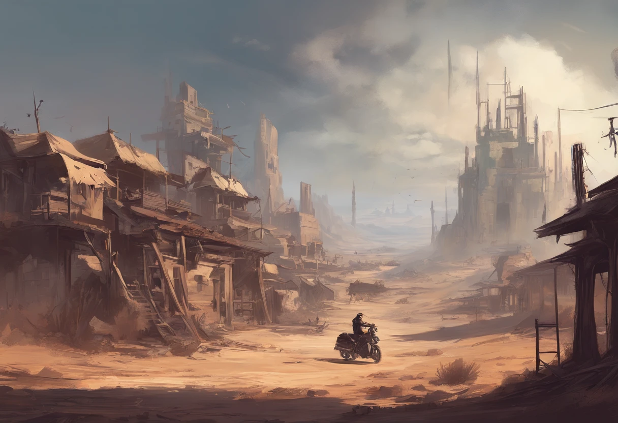 Apocalyptic war, Shades of white, Nero, A desert, Survivor, , Shadowing, dreary atmosphere, darkly, ((natta)), banners, Book cover,Wasteland,Western style,Wasteland construction,cowboys,Western Town,motor cycle,a revolver,Castle Wall,(Whales flying in the sky)