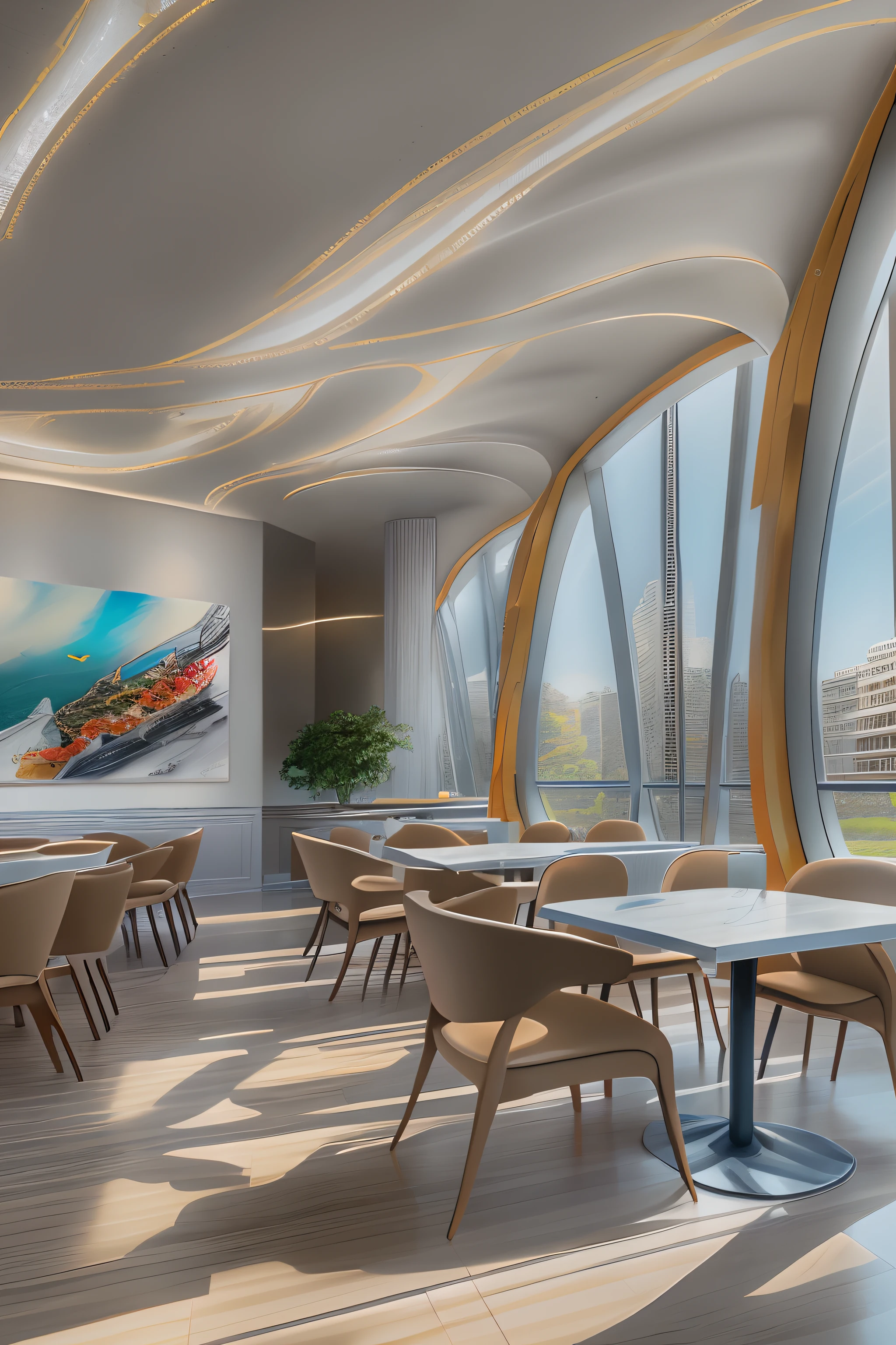 dining room,There is a wall in the middle of the restaurant,The painting on the wall is in the middle, Paintings on the walls, skyscape, Large airy windows, Zaha Hadid and Santiago Calatrava landscape panoramic style, Fish, Clear light, Edge lighting, Perfect image, Building summary style, 16k UE5. superfine, 8K, hdr, Product photography, Depth of field, Nikon D850, Ultra-realistic, no contrast, clean sharp focus, professional, No blurring