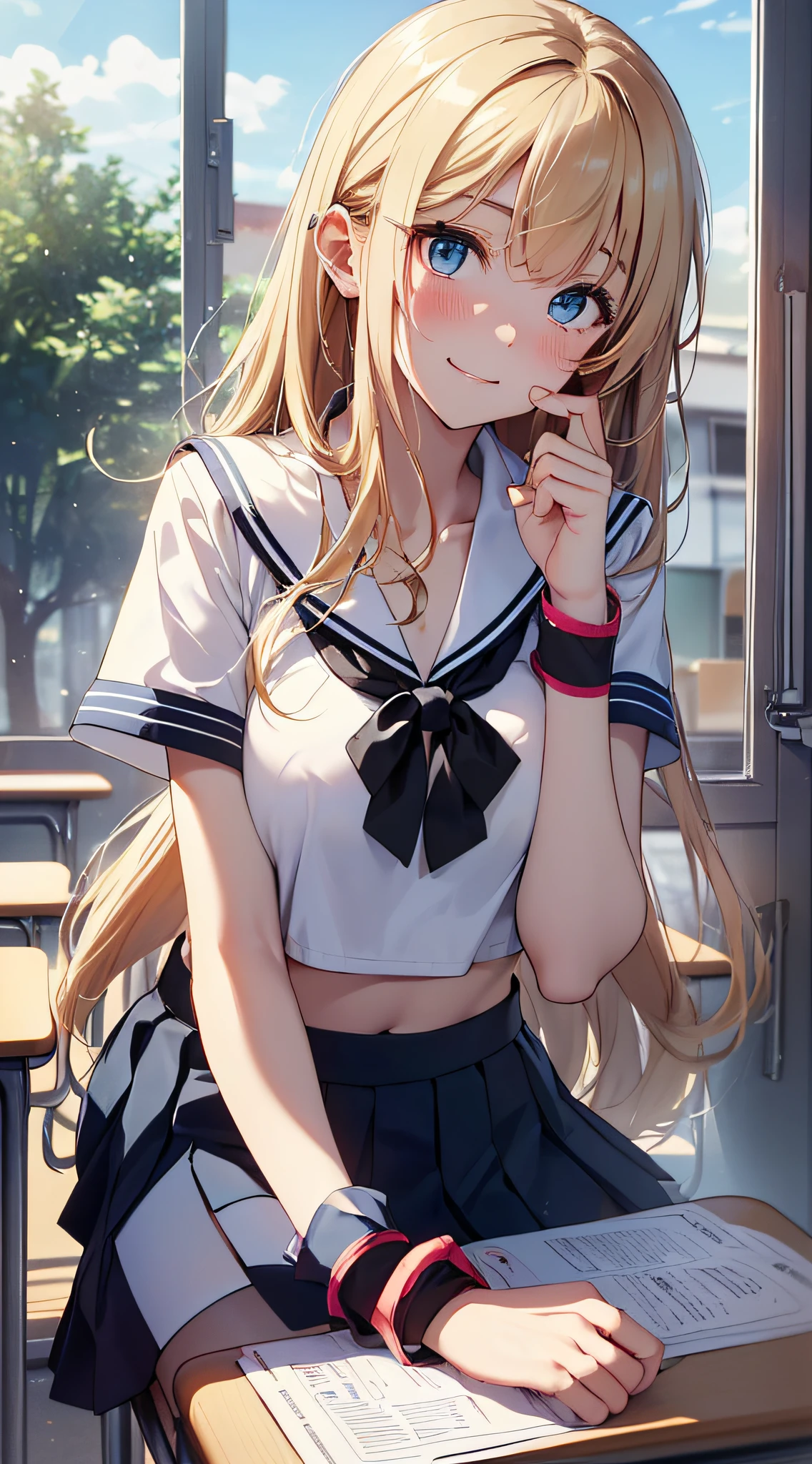 top-quality、Top image quality、​masterpiece、girl with((18year old、Sailor suit with short sleeves、Black Sports Bra、Blue short skirt、Best Bust、Bust 85、a blond、Longhaire、Blue eyes、open chest wide、Happiness、Black wristband on wrist、A slender、Shy face、耳Nipple Ring、all-fours,Get closer to your audience、The gesture of pulling up the hair、Dye cheeks、The wind blows)）hiquality、visualart、Romance movie style、Background with((After-school classroom))、masutepiece、