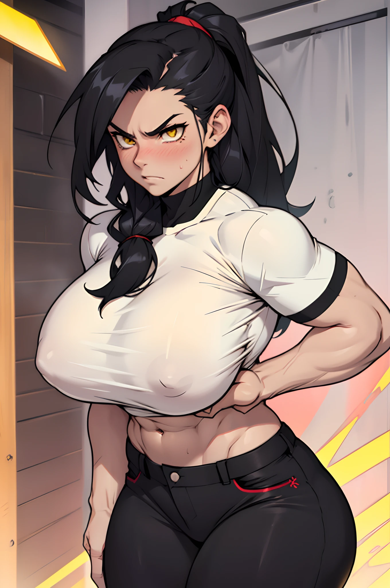 ((1 girl)), extremely long hair, solo, ((muscular)), veins, black hair, yellow eyes, blushing, (thick thighs), pale skin, strong, veins, abs, big thighs, (huge breasts), navel, standing, angry, tight pants, tight shirt