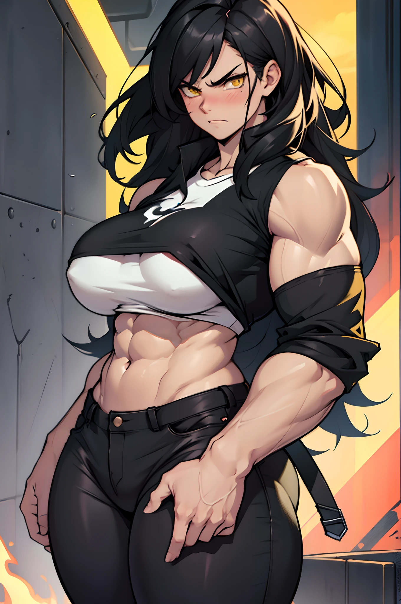 ((1 girl)), extremely long hair, solo, ((muscular)), veins, black hair, yellow eyes, blushing, (thick thighs), pale skin, strong, veins, abs, big thighs, (huge breasts), navel, standing, angry, tight pants, tight shirt