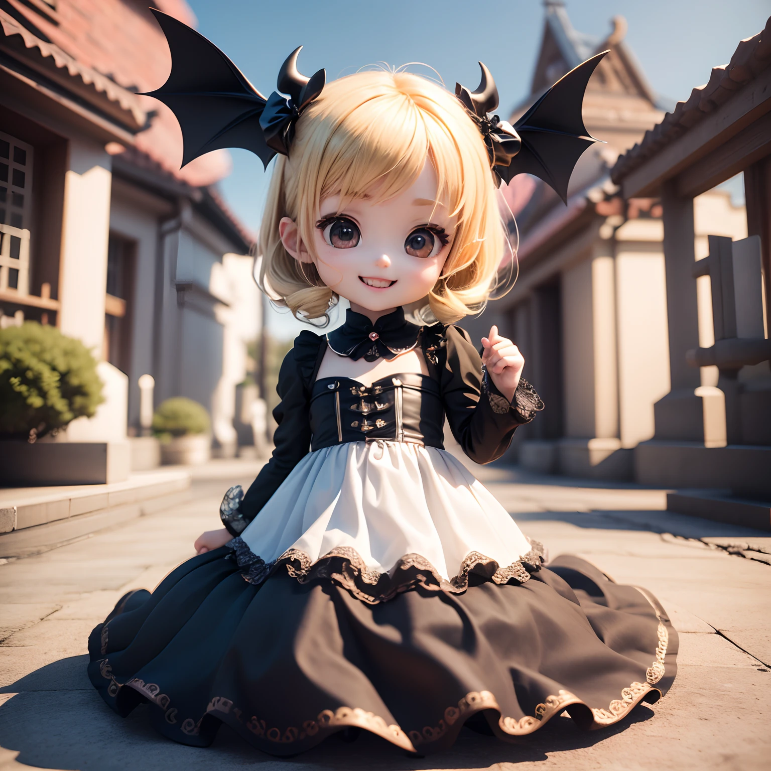 Cute Baby Chibi Anime、(((Chibi 3D))) (Best Quality), (masutepiece)、Little bat-like chibi、Blonde Half Up Hair、Open your mouth and smile、a small face、petite body、Black Jewelry Decoration Costume、outside of house、Big Full Moon、Yokohama Foreign Cemetery、