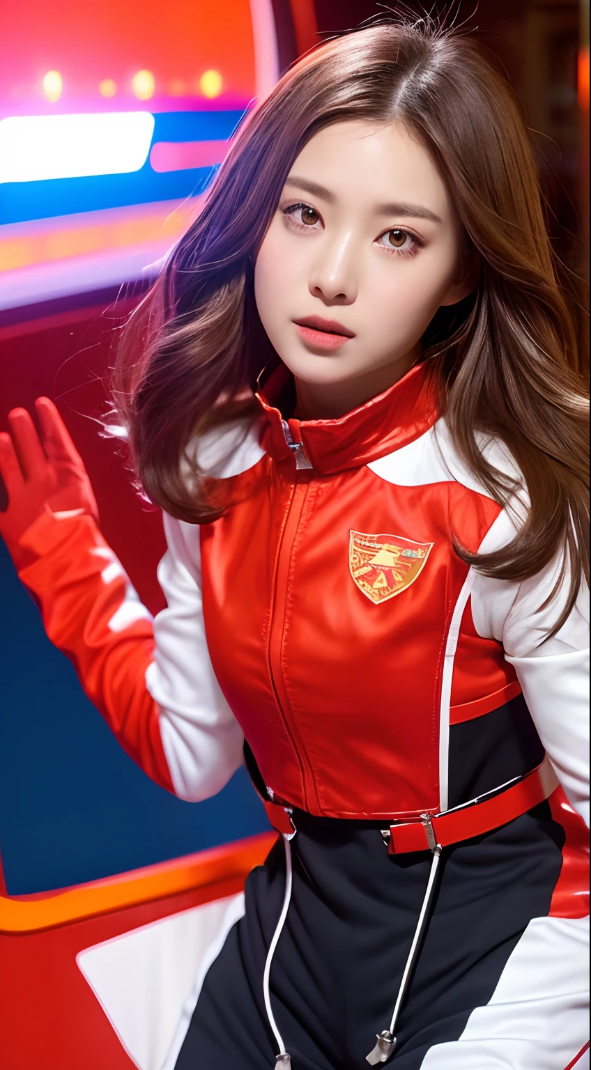 1 girl flat chest、cute little、beatiful detailed eyes、shiny hair、visible through hair、hairs between eyes、CCCPposter、USSR poster、red monochrome、USSR poster、soviet union、communism、A dark-haired、Akame、Vampires、、small tits、space suits:Orange clothing body:Jumpsuit)、white glove、White Space Shoes、White helmet、Red letters on the top of the helmet with CCCP、weightless、side lights、Reflectors、A person in a spacesuit is at the bottom left of the frame、My right hand is outstretched.、The right hand gently touches the Salyut space station)、Space station in the upper right corner of the screen、Reflected light from the sun、silver metal、red flag、brilliance、Soviet style、Random reflexes、Metallic texture、The vista is a blue Earth、Mecha style、the sea of star、High Tone、grand