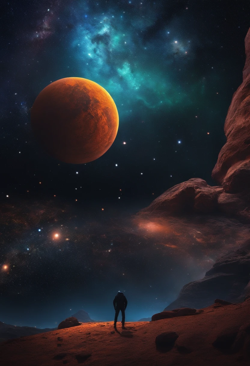Black spiders in space,There is a planet and colorful stars in the back