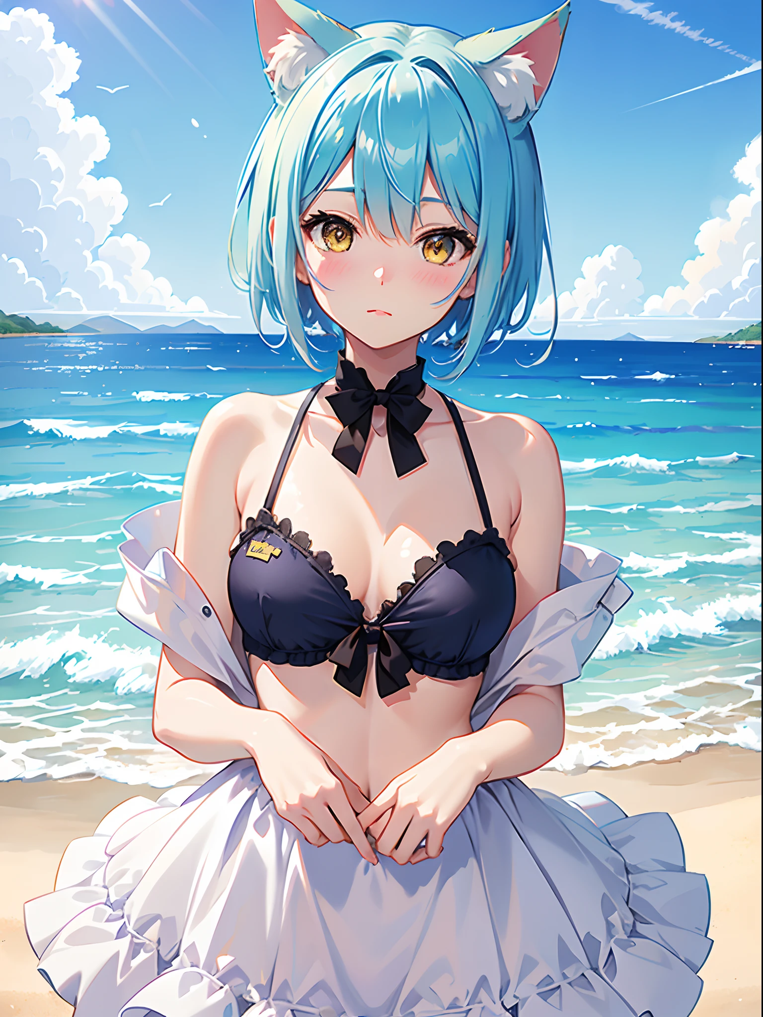 ((4K,masutepiece,Best Quality)),an extremely cute and beautiful girl with cat ears,Beautiful light blue short hair,bangs pinned back,Ahoge,Colored inner hair,Highly detailed beautiful face and yellow eyes,Cute,blush,swim wears,Beach,superfine illustration,shiney sun lighting,Sky Blue Tone