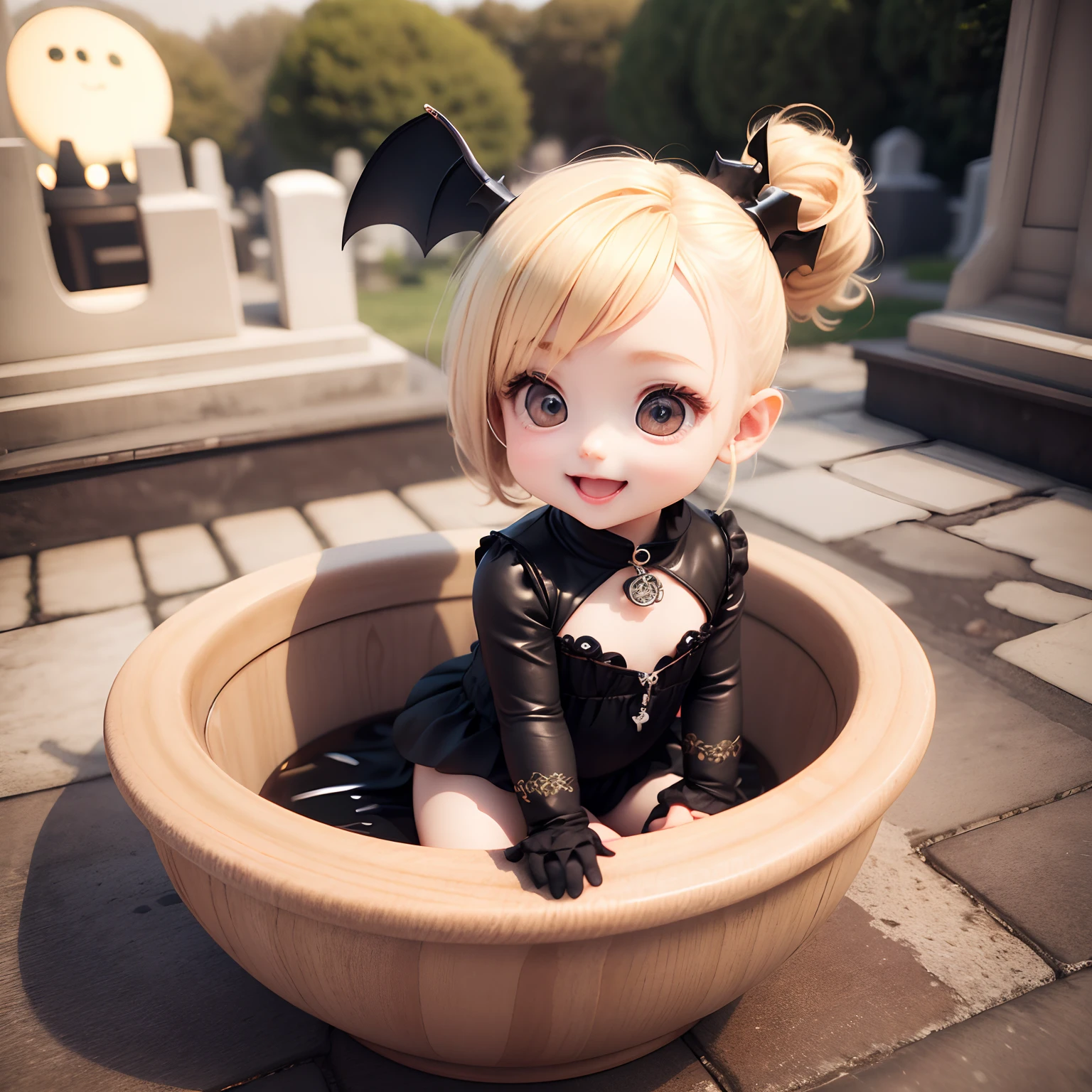 Cute Baby Chibi Anime、(((Chibi 3D))) (Best Quality), (masutepiece)、Little bat-like chibi、Blonde Half Up Hair、Open your mouth and smile、a small face、petite body、Black Jewelry Decoration Costume、outside of house、Big Full Moon、Yokohama Foreign Cemetery、