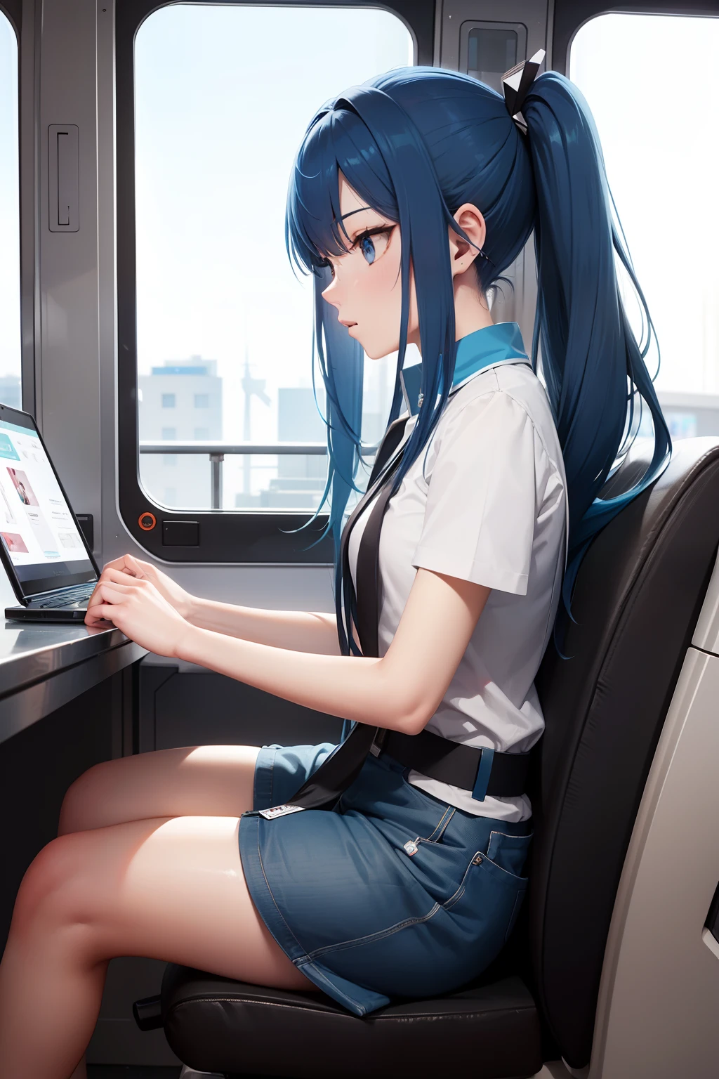 Dating Apps,blue hair,long hair,twintail hair,focus on phone,sit,upright position
