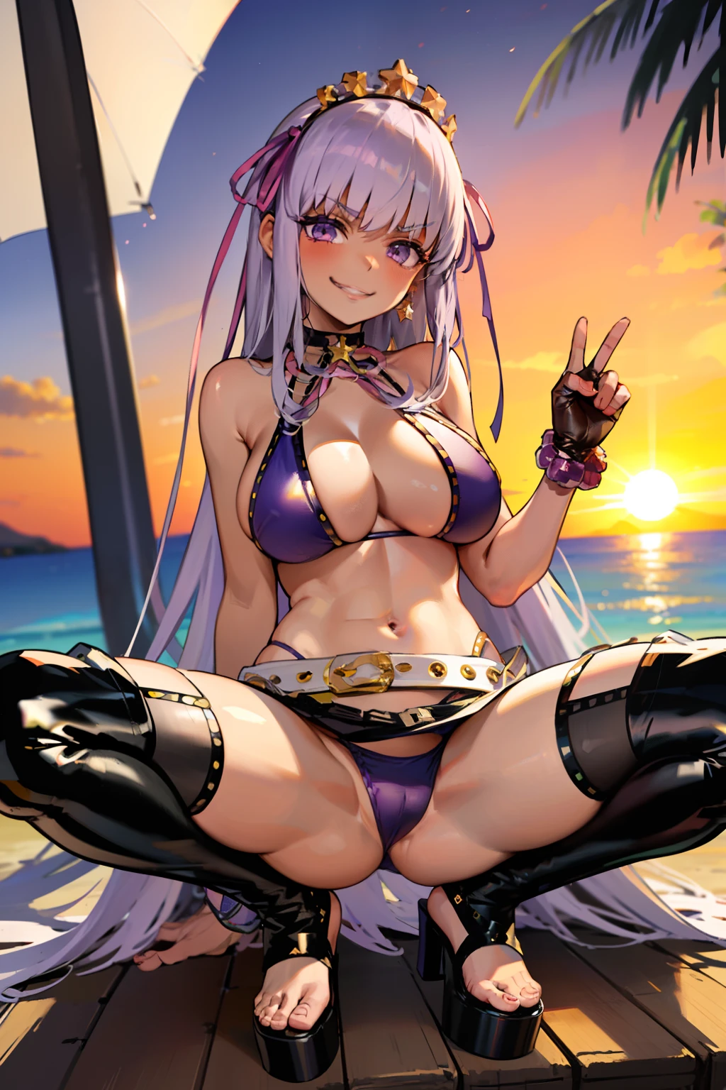 MoonCancer2nd, GyaruStyleClothing, 1girl, large breasts, squatting, looking at viewer, beach, sunset, dark skin, twilight, palm tree, sky, outdoors, spread legs, ocean ,smirk,peace sigh