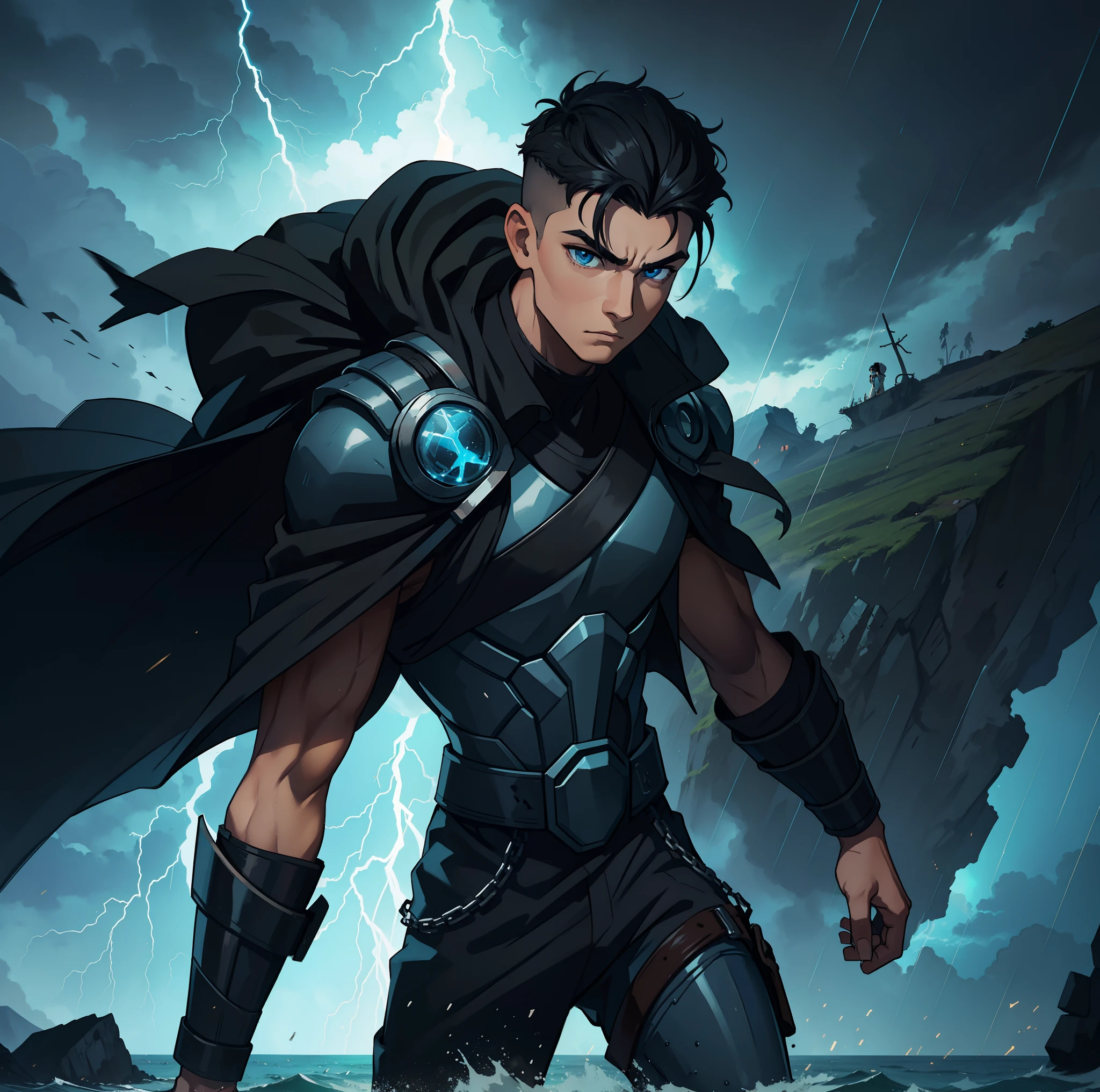 A handsome young man with effeminate face and blue eyes and medium-sized black hair with the side of his hair shaved on the side of his head with his hair shaved, This young man is a warrior, He wears a battle suit and is in the middle of a storm, no topo de uma montanha, Like a Prince of Thunder, the sky lit by lightning in the storm, eletricidade pelo seu corpo, thunders, Magic, He is like a God of Thunder, Como Thor, He's a teenage warrior, magical dark sky, nuvens negras no meio de uma tempestade, water, Rain and Thunder An Art for an RPG A Medieval Art for an RPG, side of shaved head, Sidecute Shavedfad,