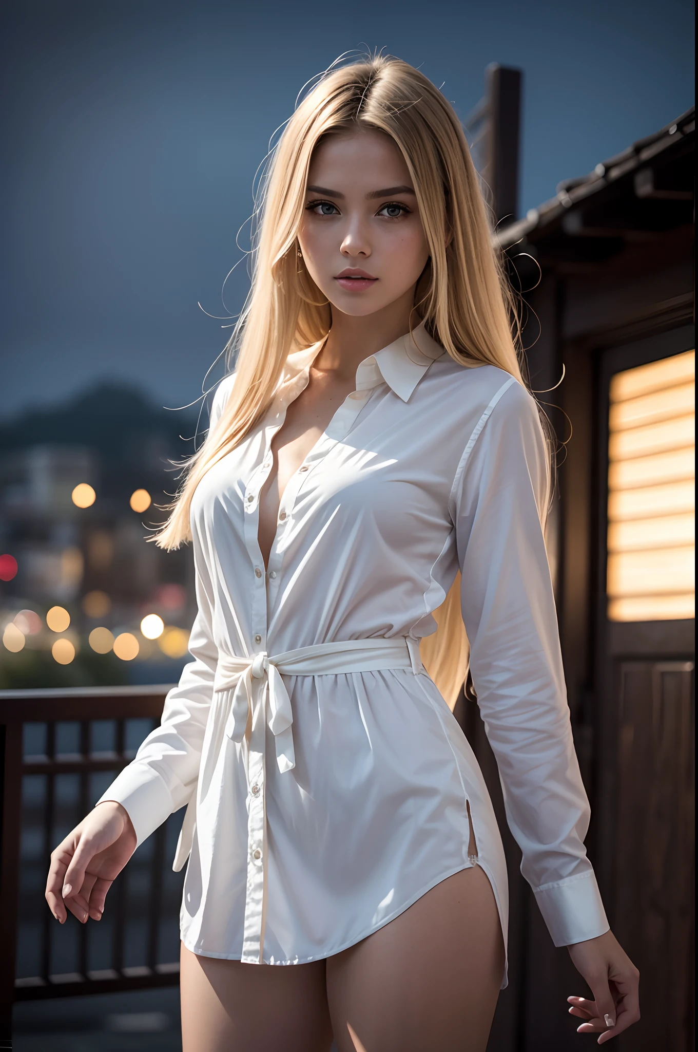 best qualtiy,tmasterpiece,超高分辨率,(realisticlying:1.4),RAW photogr,1girll,long whitr hair,Golden hair,Detailed eyes and face,Open shirt,动态照明,in the darkness nigth,deep shading,low tune,Cowboy shooting, spanish women, opn blouse