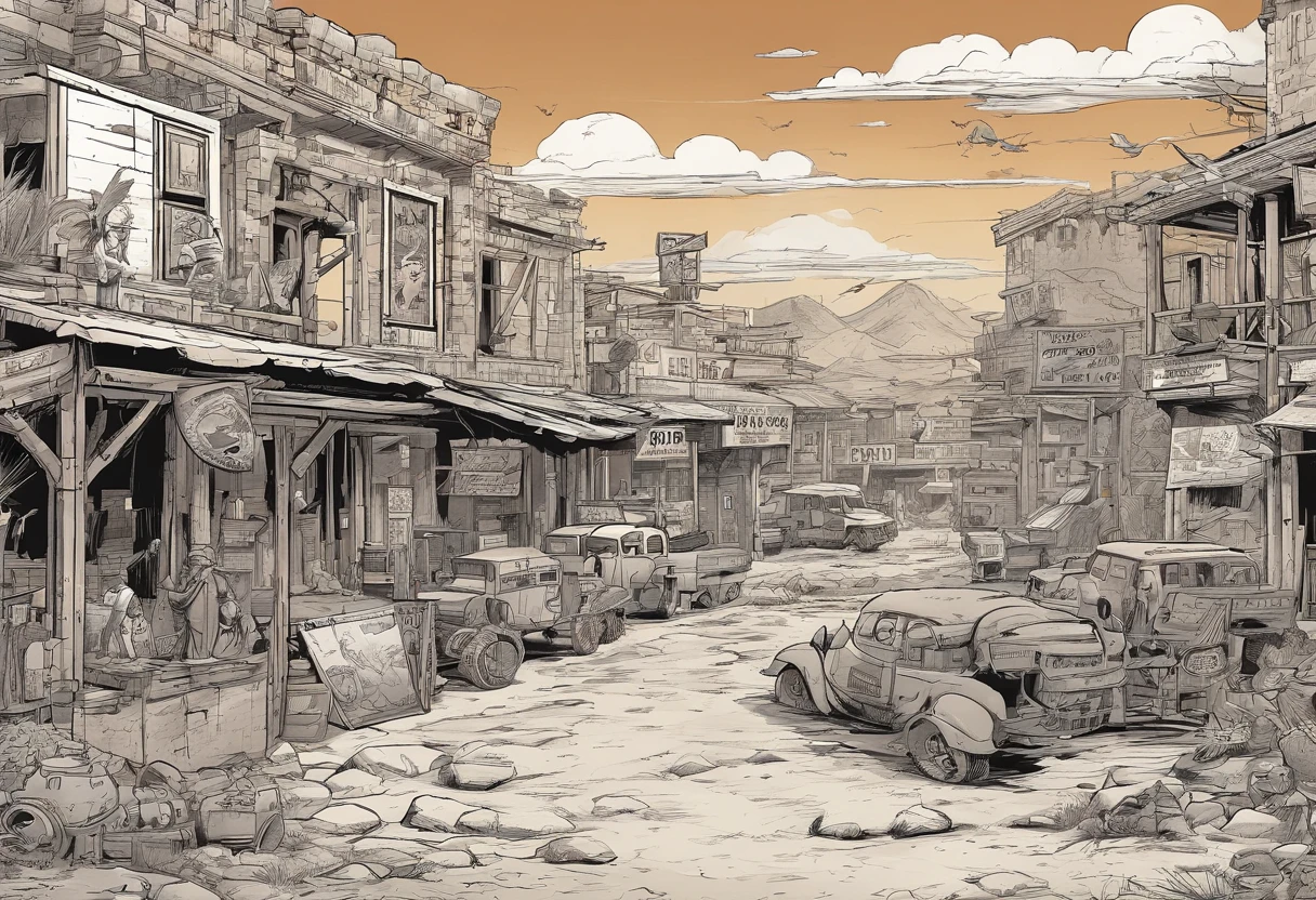 Apocalyptic war, Shades of white, Nero, A desert, Survivor, , Shadowing, dreary atmosphere, darkly, ((natta)), banners, Book cover，Wasteland，Western style，Wasteland construction，cowboys，Western Town，motor cycle，a revolver，Castle Wall,(Whales flying in the sky)