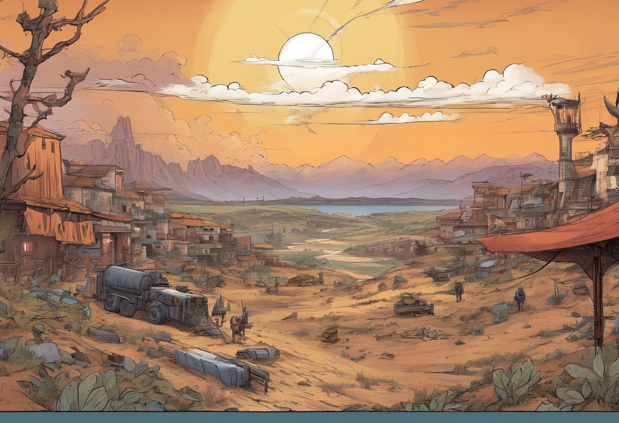 Apocalyptic war, Shades of white, Nero, A desert, Survivor, , Shadowing, dreary atmosphere, darkly, ((natta)), banners, Book cover,Wasteland,Western style,Wasteland construction,cowboys,Western Town,motor cycle,a revolver,Castle Wall,(Whales flying in the sky)