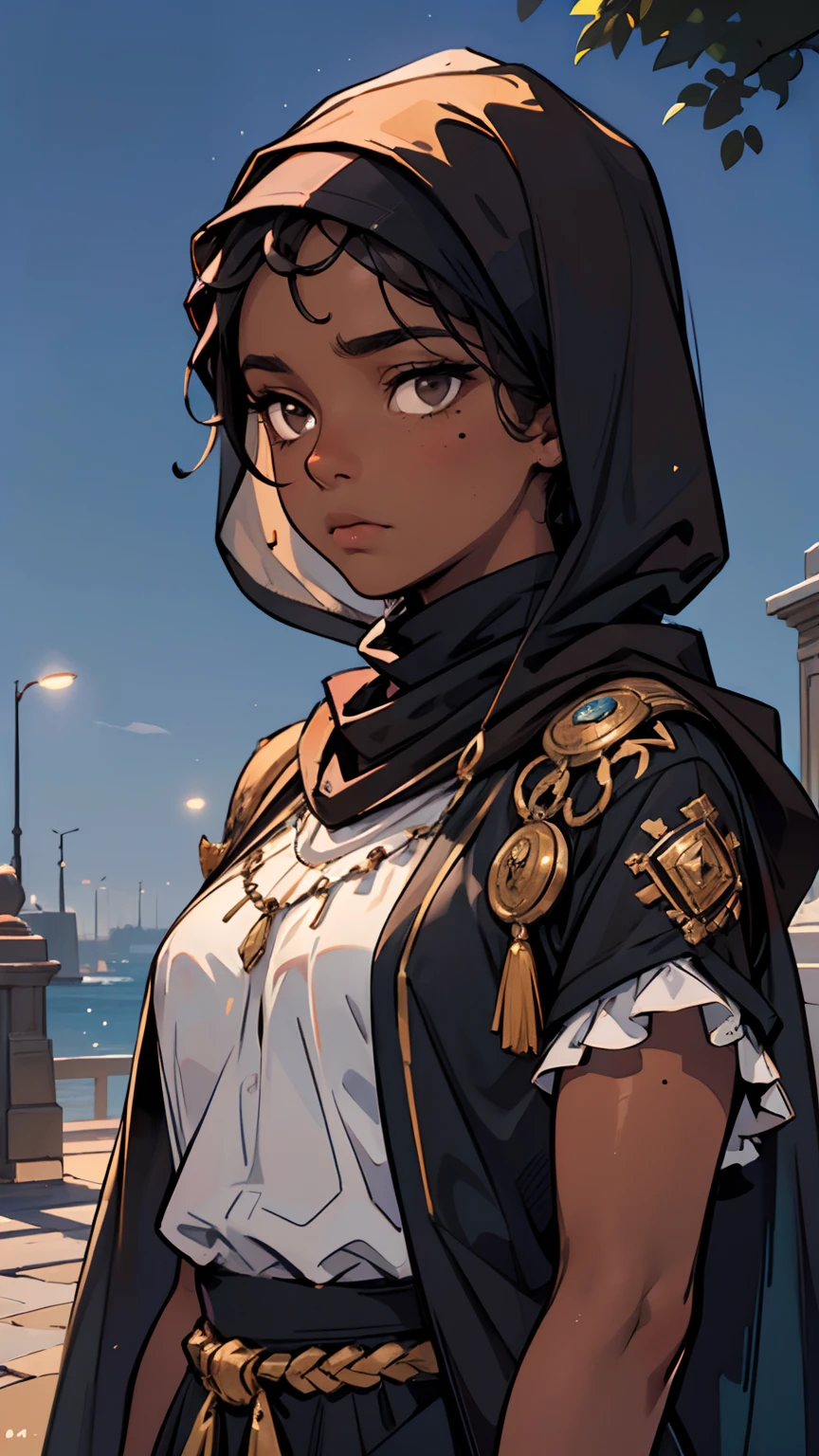 1 girl, (dark brown skin tone:1.4), very short hair, black eyes colour, mole down the right eye, Muslim black cloak, hijab covering hair, Cold expression, depressed, dominant aura, (high quality, masterpiece, extremely detailed:1.2), (Realistic, photorealistic:1.2)