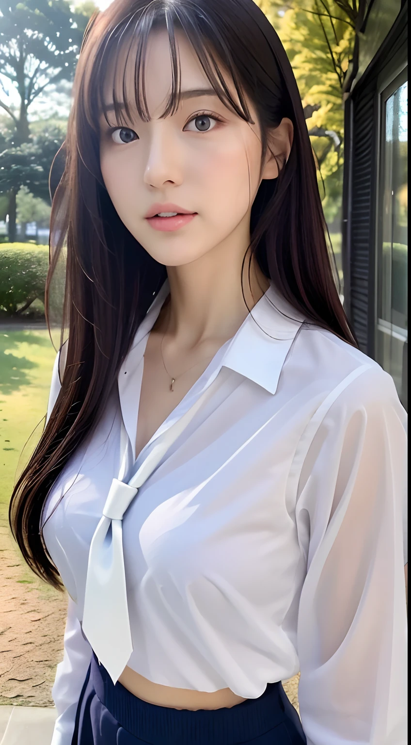 ((top-quality、8K、masterpiece:1.3))、Crisp focus:1.2、Beautiful woman with perfect body shape:1.4、Slender Abs:1.2、((Colossal tits:1.2))、(Wet white button-up long shirt:1.1)、(Sunny、in poolside:1.2)、a wet body:1.5、Highly detailed facial and skin texture、A detailed eye、二重まぶた、Pleated skirt、White blouses、Female School Uniform、The shirt、Ribbon tie、pleatedskirt、Schools、8K raw photos、hight resolution、19-year-old Korean、very large round breasts、beautiful eyes finely detailed、long eyeslashes、Beautiful double eyelids、eyeshadows、eye line、Slender eyes、elongated eye shape、Sanpaku eyes、Dark Eye Makeup、evil smile、Beautiful and thin legs、beautiful loose long hair、Tie your hair behind your head、耳Nipple Ring、a necklace、light brown hair、Activity Poses、Beautiful armpits、Kamimei、Valley、Blur the background、Arafe asian woman near the pool, wearing two - piece swimsuit, japanese girl school uniform, Seifuku, Open V chest clothes, Japanese Models, Japan school uniform, girl wearing school uniform, wearing japanese school uniform, JK Uniform, Korean Girl, next to a pool, Smooth white tight clothes suit, shikamimi