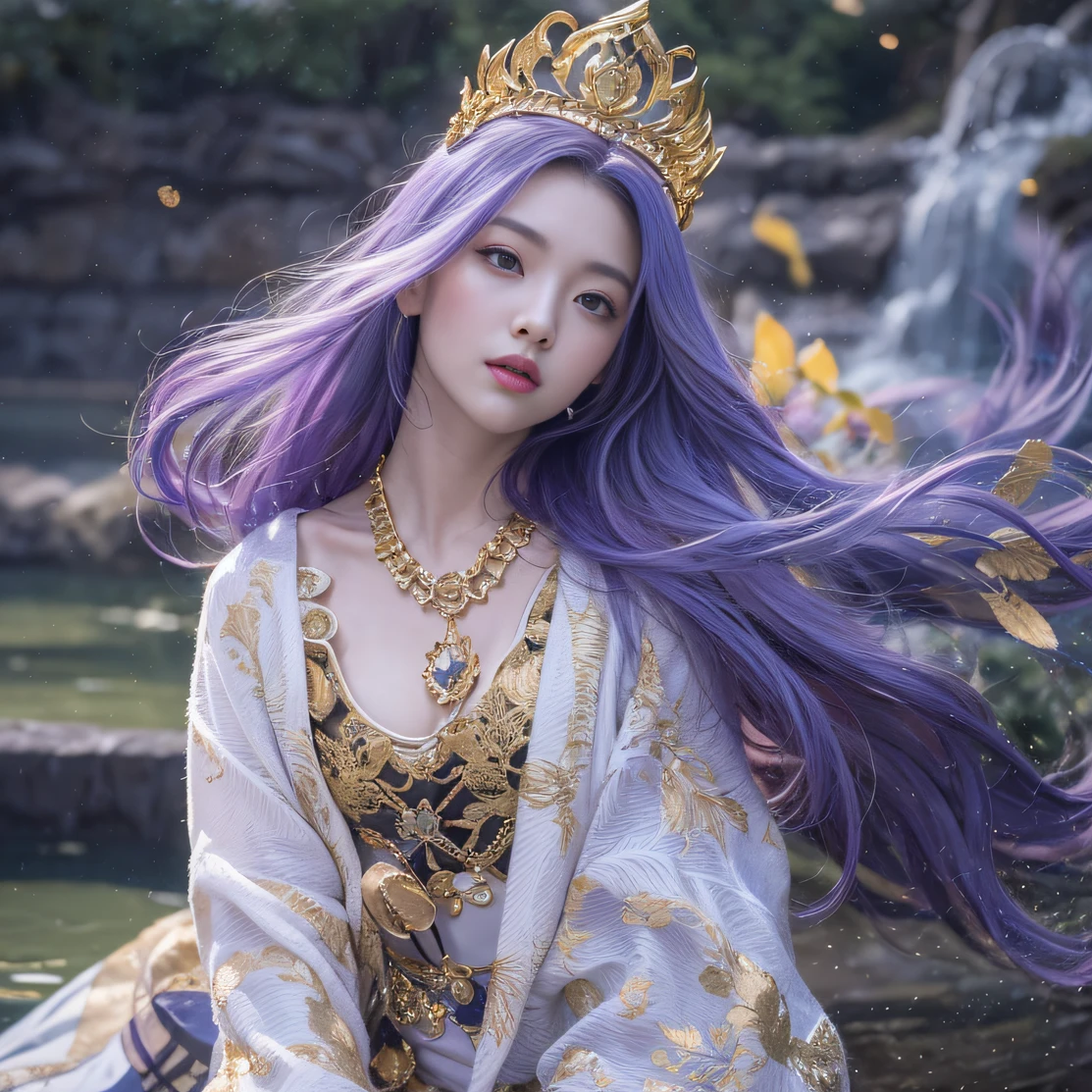 Genki Girl 32K(tmasterpiece,k hd,hyper HD,32K)Long flowing bright purple hair,Autumn Pond,zydink, a color,Silent (Back-halo), (Old blue and white scarf), Combat posture, looking at the ground, long whitr hair, Floating bright purple, Fire cloud pattern gold tiara, Chinese long-sleeved gold silk garment, (Abstract metaverse splash:1.2), white backgrounid,Lotus vitality protector(realisticlying:1.4),Bright purple hair,Smoke on the road,The background is pure, A high resolution, the detail, RAW photogr, Sharp Re, Nikon D850 Film Stock Photo by Jefferies Lee 4 Kodak Portra 400 Camera F1.6 shots, Rich colors, ultra-realistic vivid textures, Dramatic lighting, Unreal Engine Art Station Trend, cinestir 800,A girl with long flowing bright purple hair