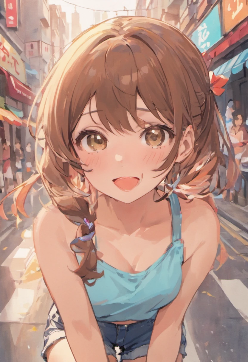 (masutepiece), (Portrait), (Aesthetic), (Beautiful), (upper blody), (High quality), (aesthetic clothings), (professional angle), (thirds rule), (Feminine), (Woman), (Female), (Beautiful),(Feminine features), (25-years old), (Solo), (1), 1 woman, (Fascinating Japanese), Summer, Natural light, (Sitting), Fresh Makeup, (Small bust), ((Hold -)), (Front face), (Smiling expression), ((Happy and cute mood)), head band, ((Medium Hair)), (Brown hair), (Wavy Hair), (Silky hair), Shiny hair, (Hairpins and ribbons for hair), (Brown eyes), (Playful and young々Appearance), (Fair skin), (pastel clothing), (T-shirt), (Denim shorts), (sneakers), Scoop Neckline), ((Urban background)), (- In the background), (Medium Shot Shot), Beautiful hands, Two hands, normal hands, Two arms, complete hands, Beautiful body, Beautiful fingers, normal fingers, Five Fingers, Five Fingers, (Thumb index finger ring finger), Beautiful ears, normal ears, Beautiful eyes, shiny eyes, Beautiful mouth, Beautiful lips,