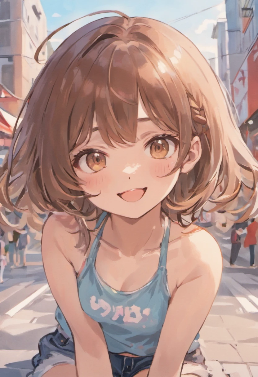 (masutepiece), (Portrait), (Aesthetic), (Beautiful), (upper blody), (High quality), (aesthetic clothings), (professional angle), (thirds rule), (Feminine), (Woman), (Female), (Beautiful),(Feminine features), (25-years old), (Solo), (1), 1 woman, (Fascinating Japanese), Summer, Natural light, (Sitting), Fresh Makeup, (Small bust), ((Hold -)), (Front face), (Smiling expression), ((Happy and cute mood)), head band, ((Medium Hair)), (Brown hair), (Wavy Hair), (Silky hair), Shiny hair, (Hairpins and ribbons for hair), (Brown eyes), (Playful and young々Appearance), (Fair skin), (pastel clothing), (T-shirt), (Denim shorts), (sneakers), Scoop Neckline), ((Urban background)), (- In the background), (Medium Shot Shot), Beautiful hands, Two hands, normal hands, Two arms, complete hands, Beautiful body, Beautiful fingers, normal fingers, Five Fingers, Five Fingers, (Thumb index finger ring finger), Beautiful ears, normal ears, Beautiful eyes, shiny eyes, Beautiful mouth, Beautiful lips,