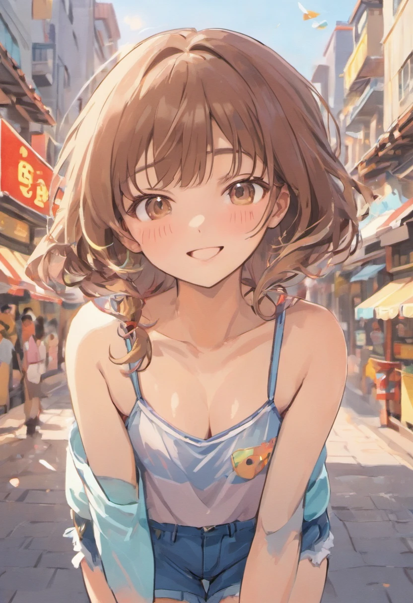 (masutepiece), (Portrait), (Aesthetic), (Beautiful), (upper blody), (High quality), (aesthetic clothings), (professional angle), (thirds rule), (Feminine), (Woman), (Female), (Beautiful),(Feminine features), (25-years old), (Solo), (1), 1 woman, (Fascinating Japanese), Summer, Natural light, (Sitting), Fresh Makeup, (Small bust), ((Hold -)), (Front face), (Smiling expression), ((Happy and cute mood)), head band, ((Medium Hair)), (Brown hair), (Wavy Hair), (Silky hair), Shiny hair, (Hairpins and ribbons for hair), (Brown eyes), (Playful and young々Appearance), (Fair skin), (pastel clothing), (T-shirt), (Denim shorts), (sneakers), Scoop Neckline), ((Urban background)), (- In the background), (Medium Shot Shot), Beautiful hands, Two hands, normal hands, Two arms, complete hands, Beautiful body, Beautiful fingers, normal fingers, Five Fingers, Five Fingers, (Thumb index finger ring finger), Beautiful ears, normal ears, Beautiful eyes, shiny eyes, Beautiful mouth, Beautiful lips,